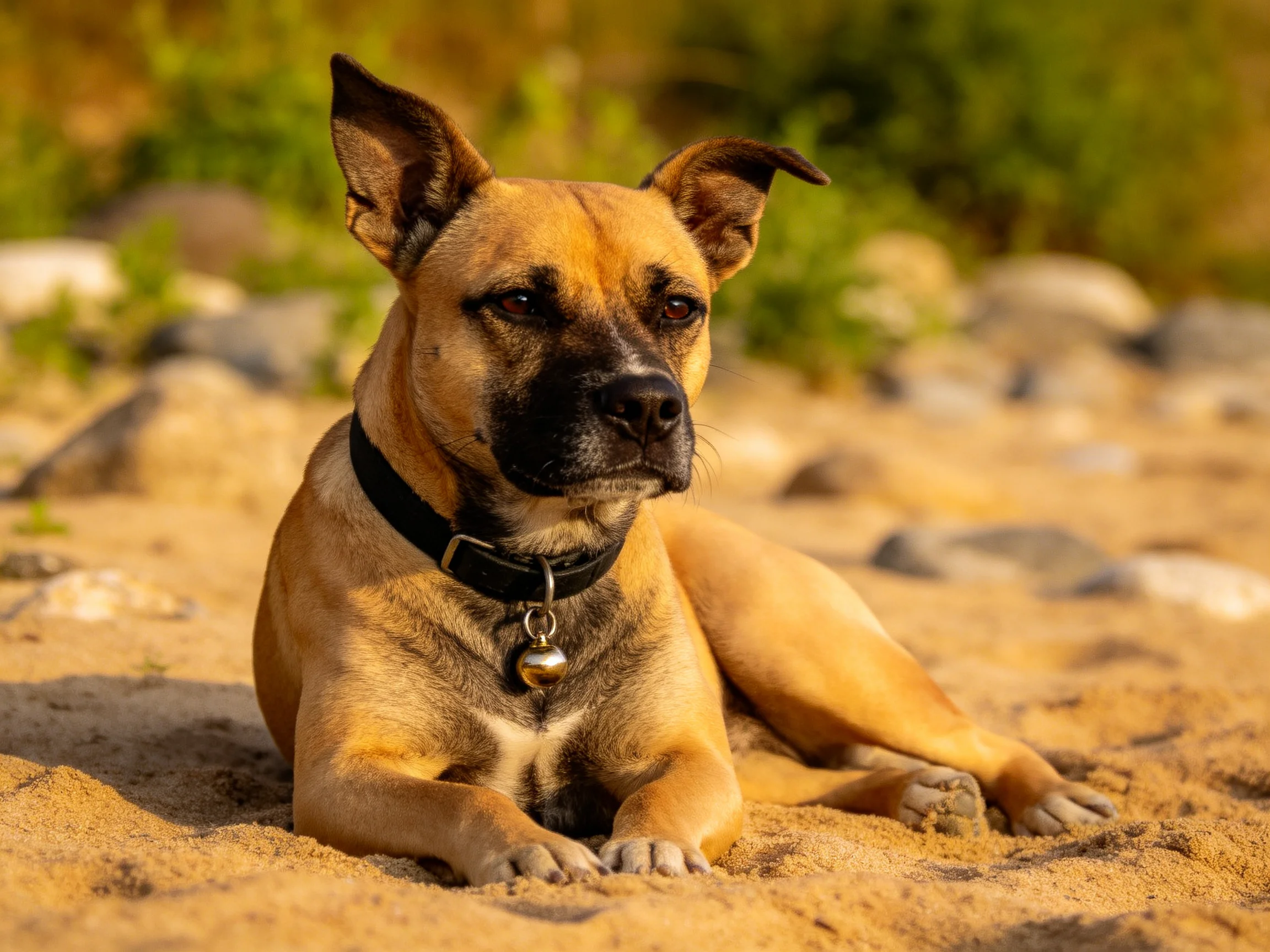 工作型混种犬安静趴卧沙滩,浅棕色躯体配黑色面部斑纹,佩戴黑色项圈挂有金属饰件。