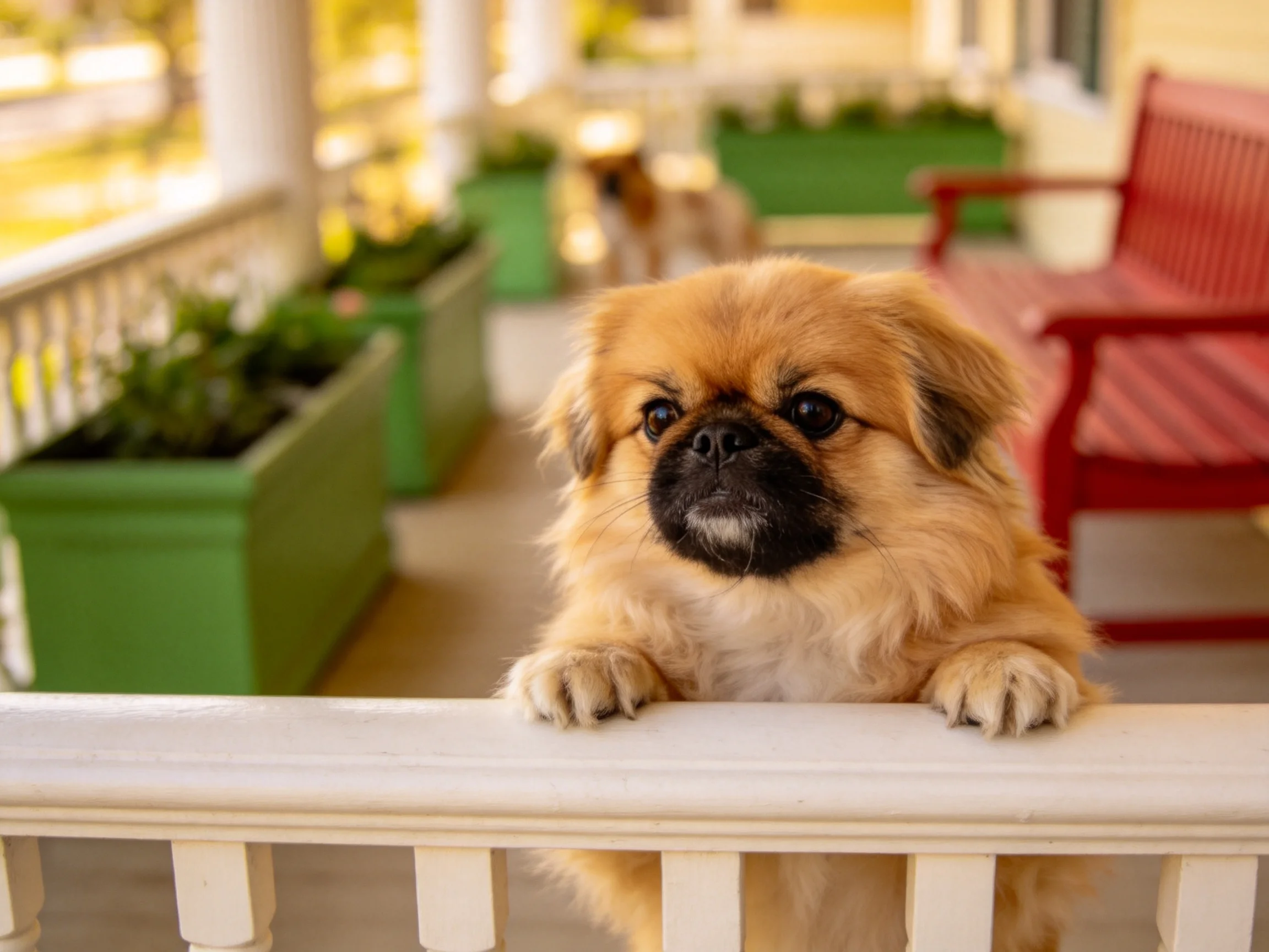 一只北京犬将前爪搭在白色栏杆上,黑色面部与浅棕色毛发形成鲜明对比。