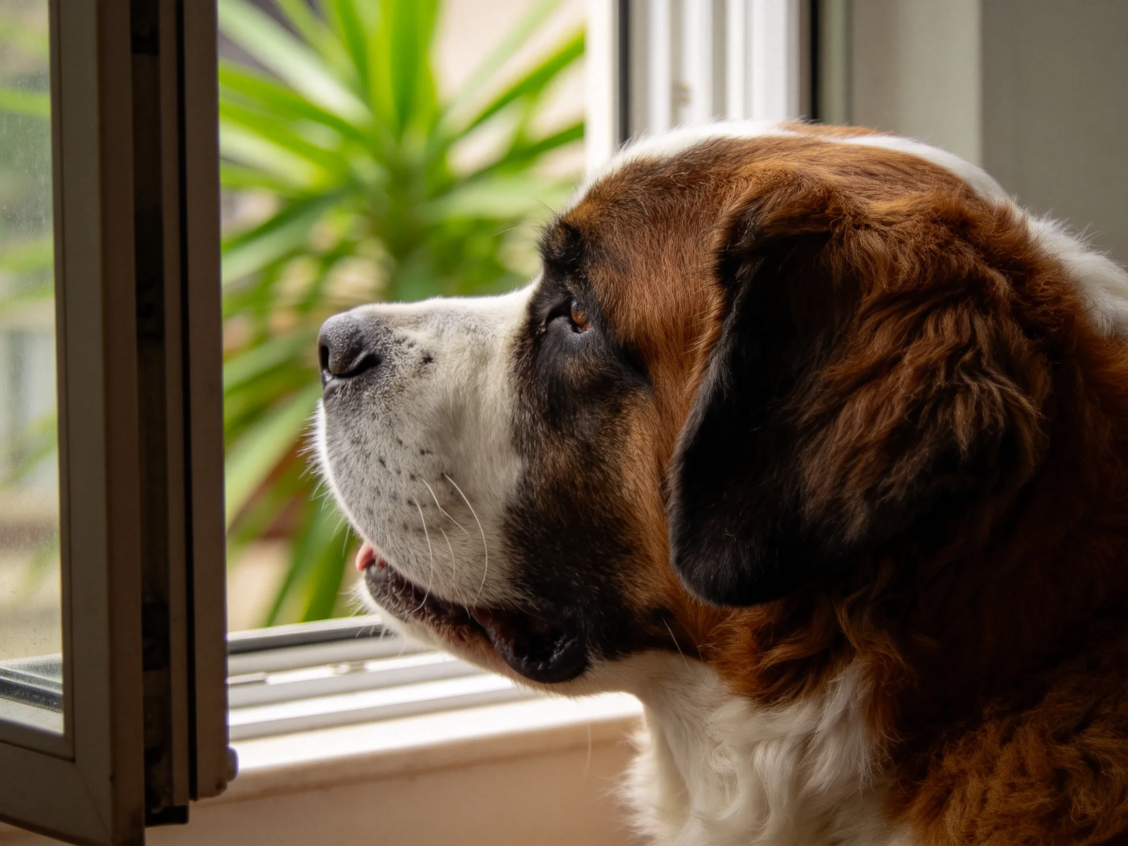 圣伯纳犬凝望窗外,棕白相间的毛发清晰可见,耳朵宽大下垂。