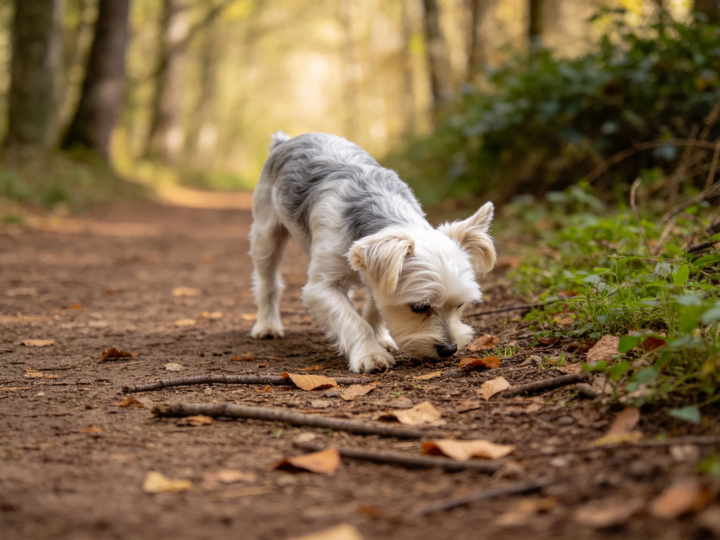 一只西高地白梗犬低头嗅闻地面，白色带灰色的短毛清晰可见。