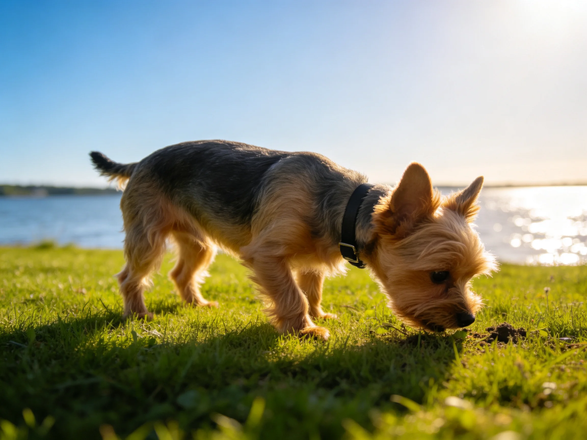 一只挪威梗犬正在湖边草地上低头嗅探,浅棕与深灰相间的被毛清晰可见。