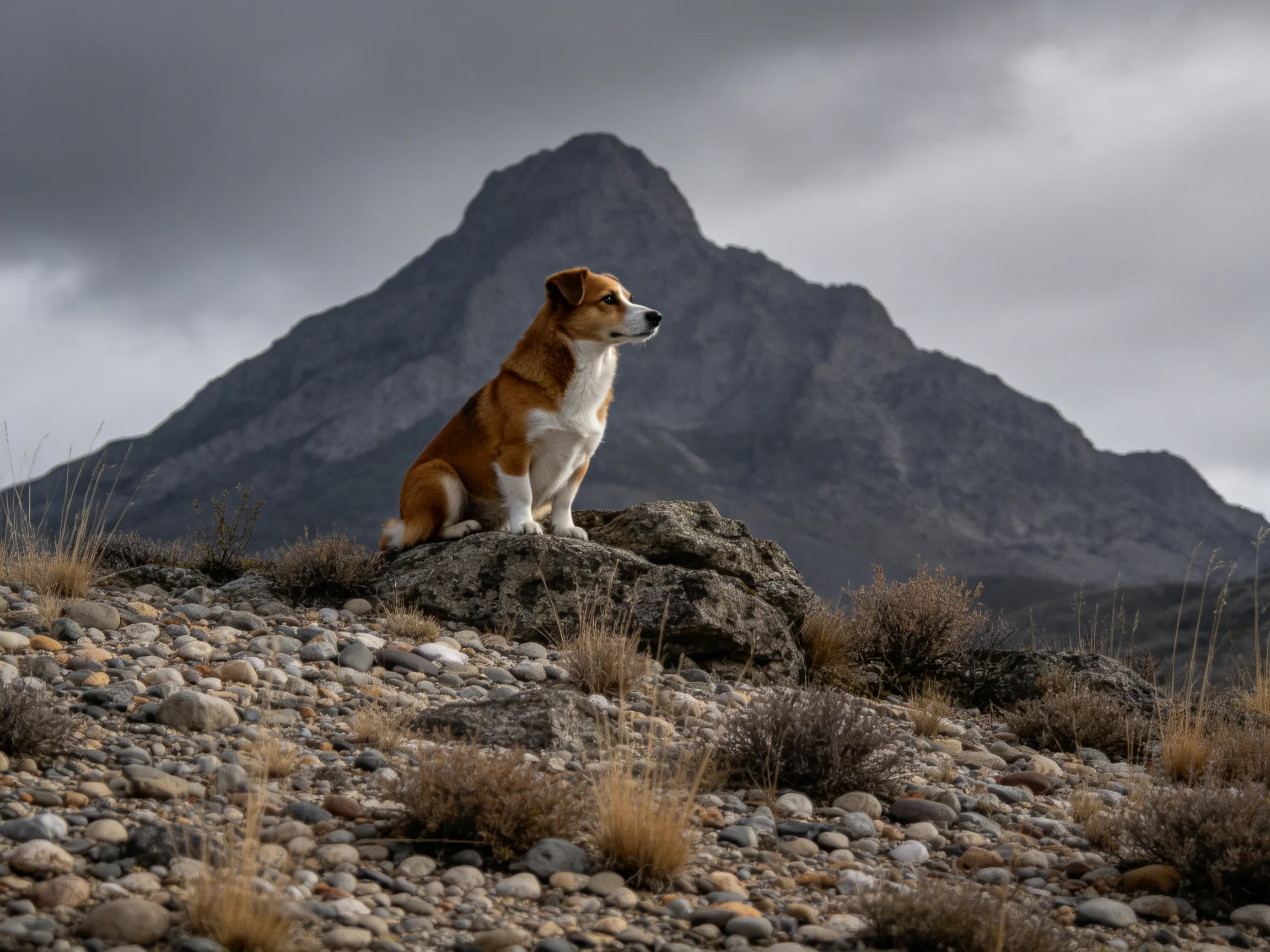 小型混种犬安静地坐在岩石上,棕白相间被毛清晰可见,处于山地环境之中。
