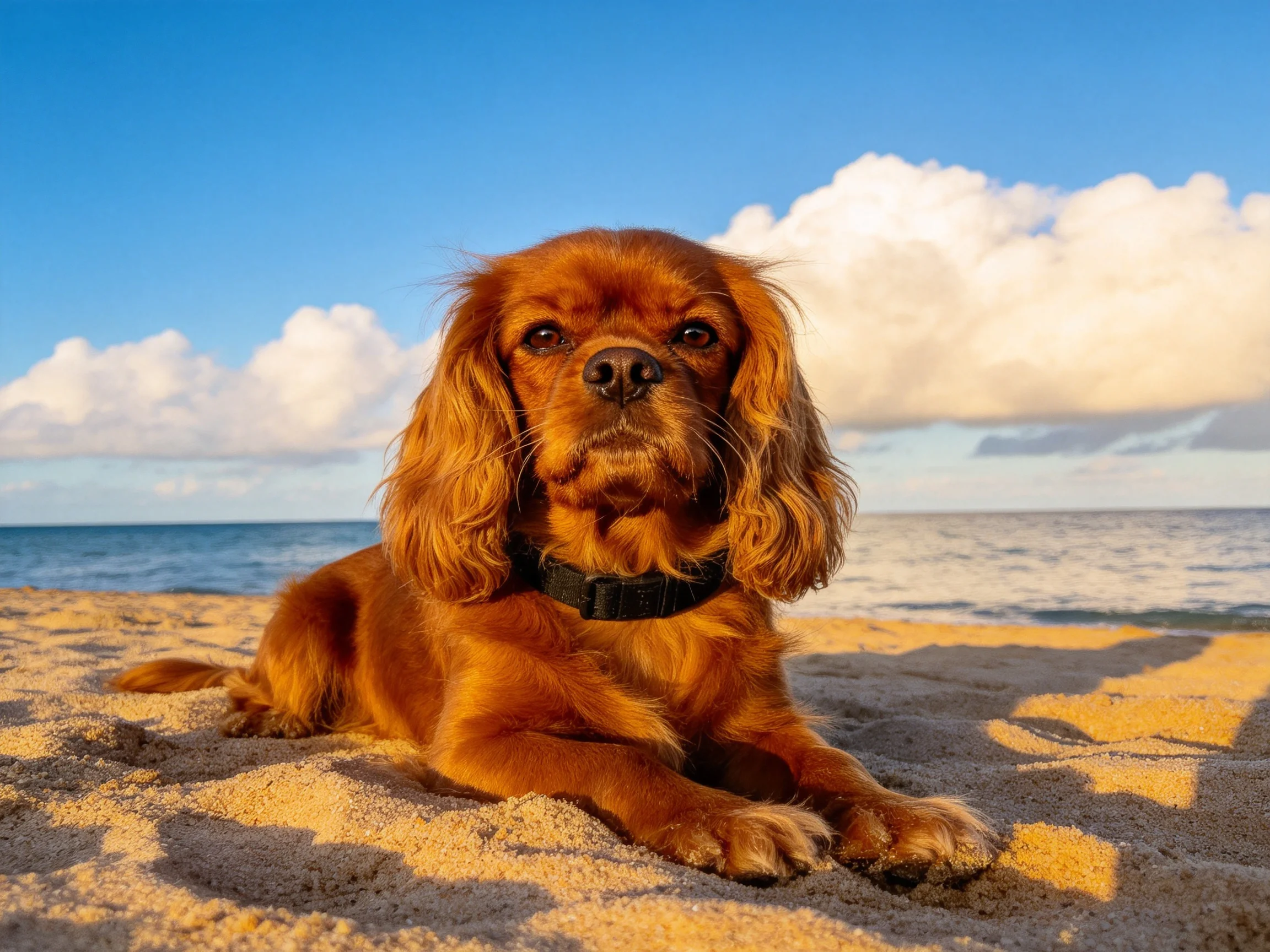 金棕色可卡犬趴在沙滩上,毛发柔软蓬松,眼神平静注视前方。