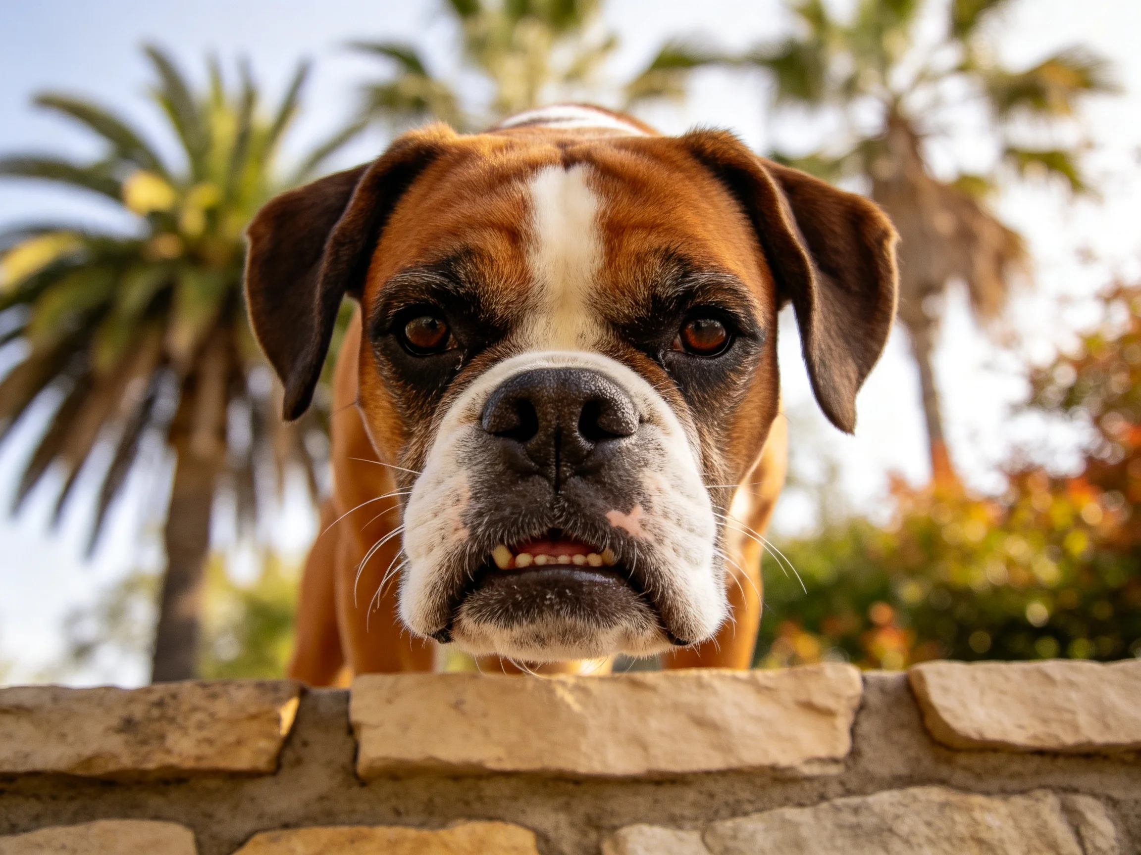 一只表情严肃的拳师犬,棕白相间的被毛短而光滑,正透过石墙注视镜头。