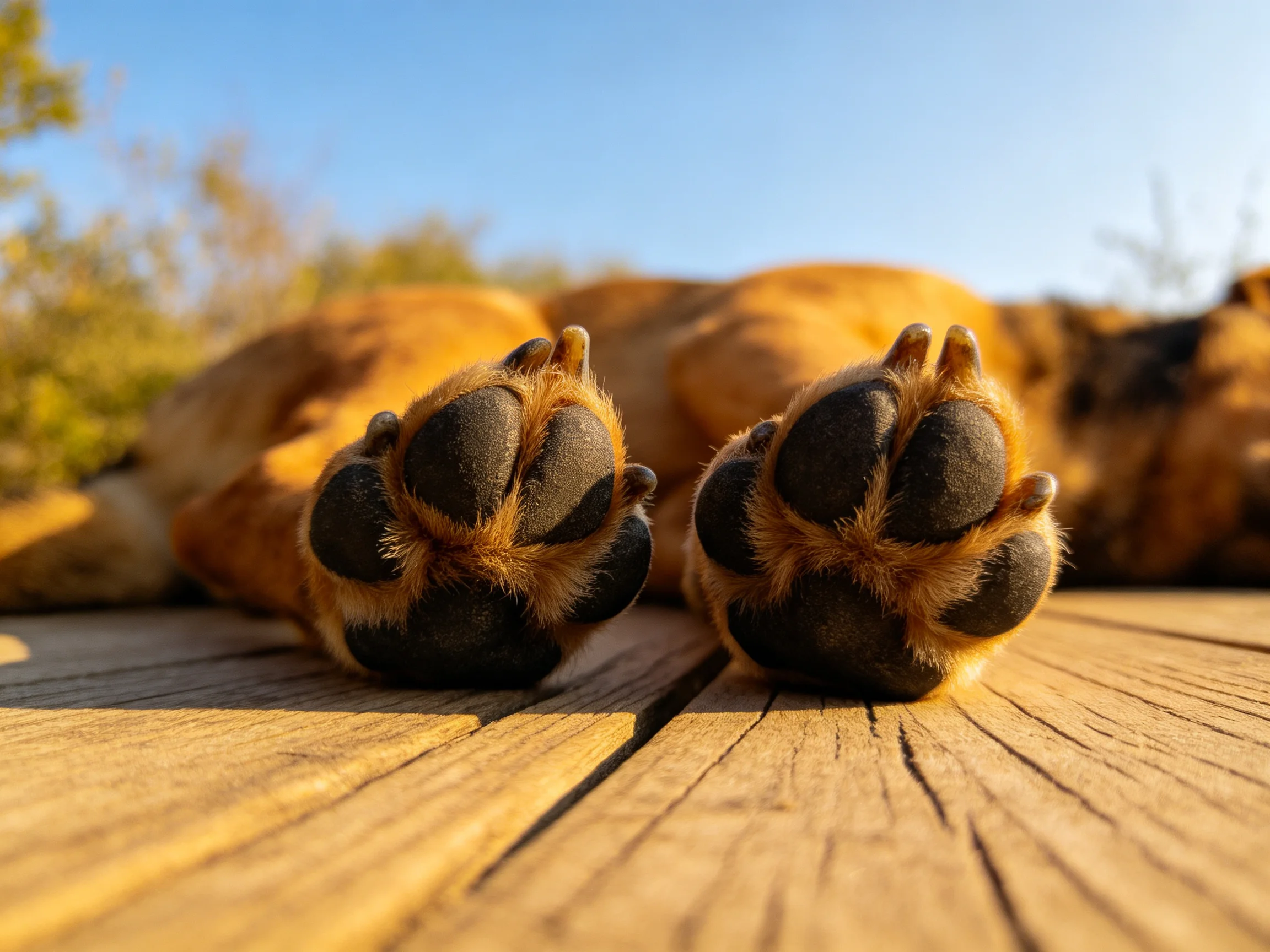 德牧犬的爪子清晰展示,深色肉垫与浅棕毛发形成对比,爪垫纹理明显。
