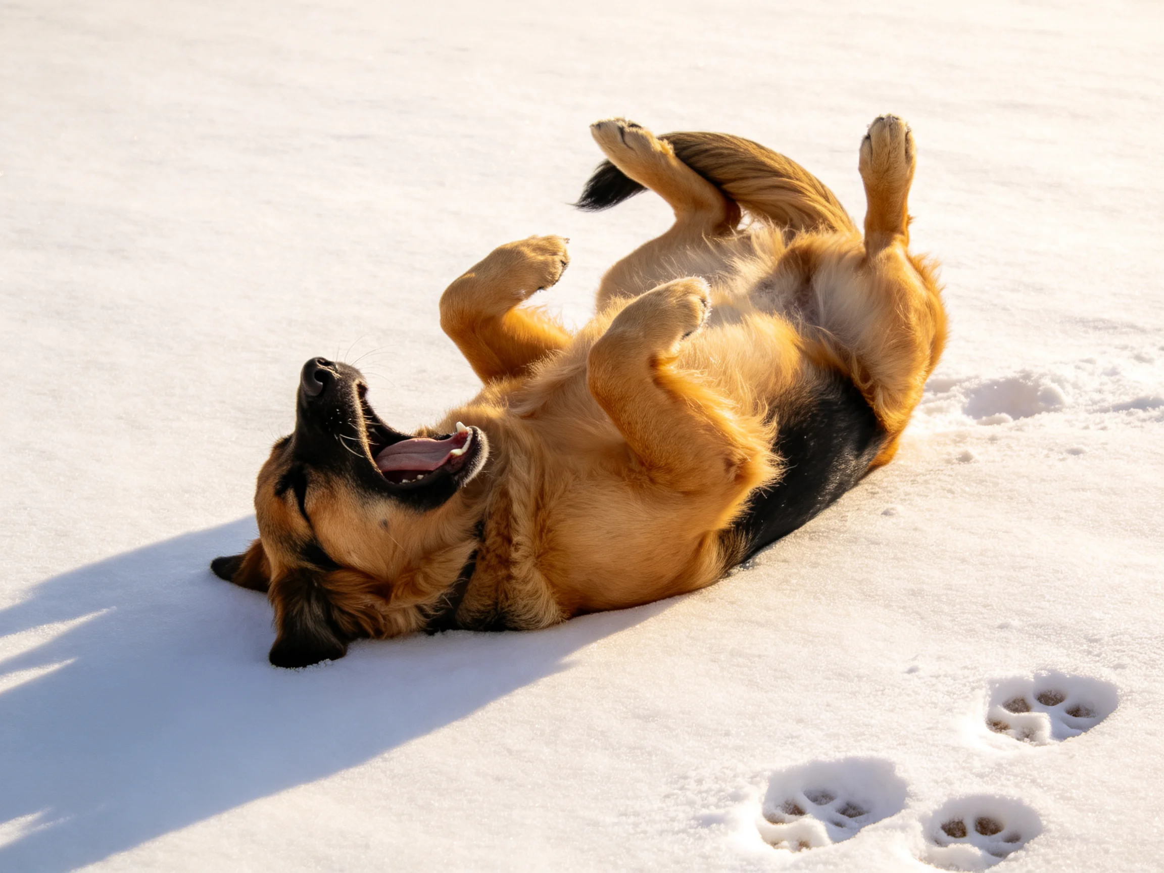 德国牧羊犬仰躺在雪地上,黑棕相间的毛发与白色雪地形成对比,嘴巴张开处于放松状态。