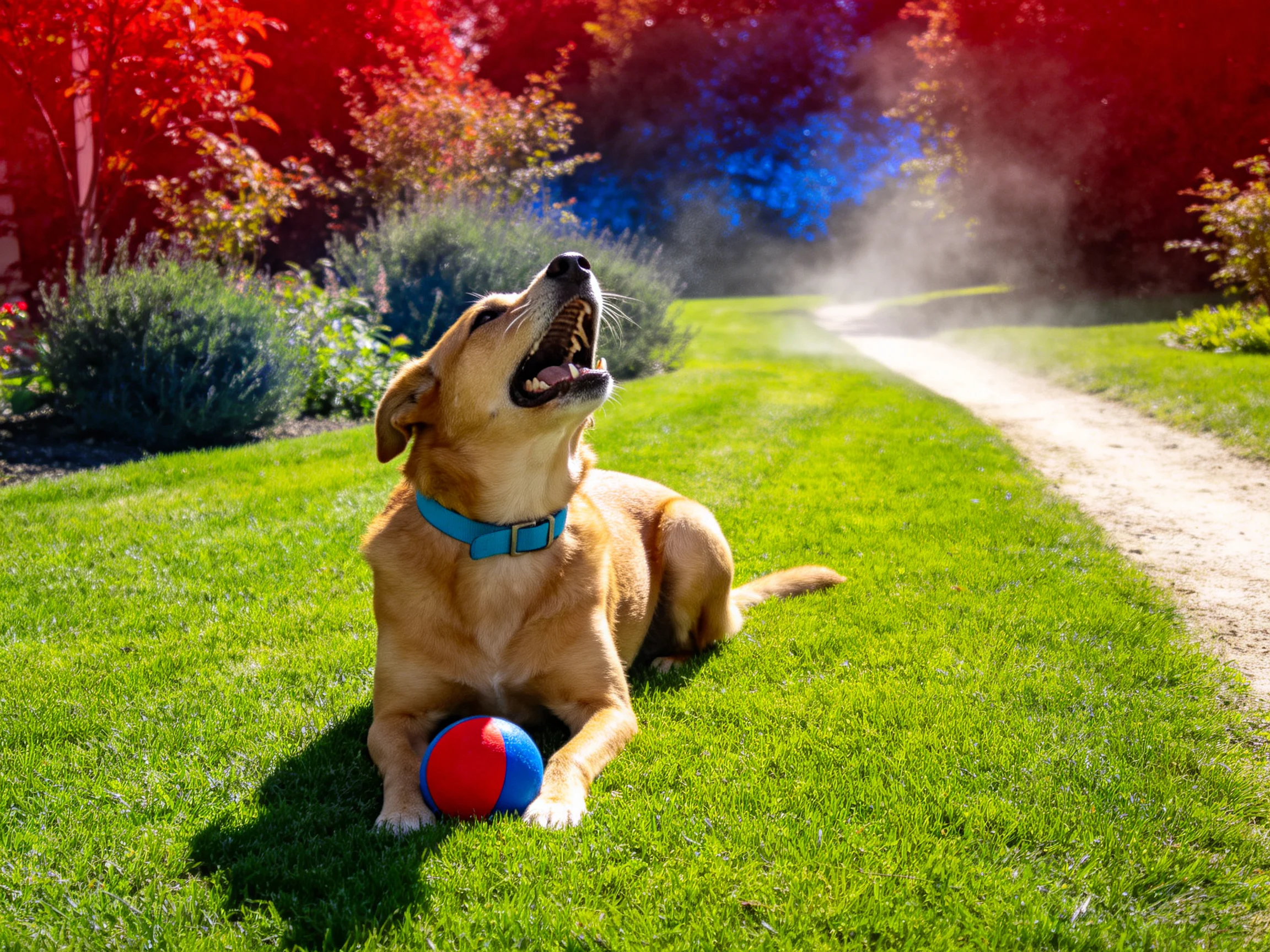 短毛混种犬趴在草坪上张嘴,身旁有红蓝相间的球,佩戴蓝色项圈。