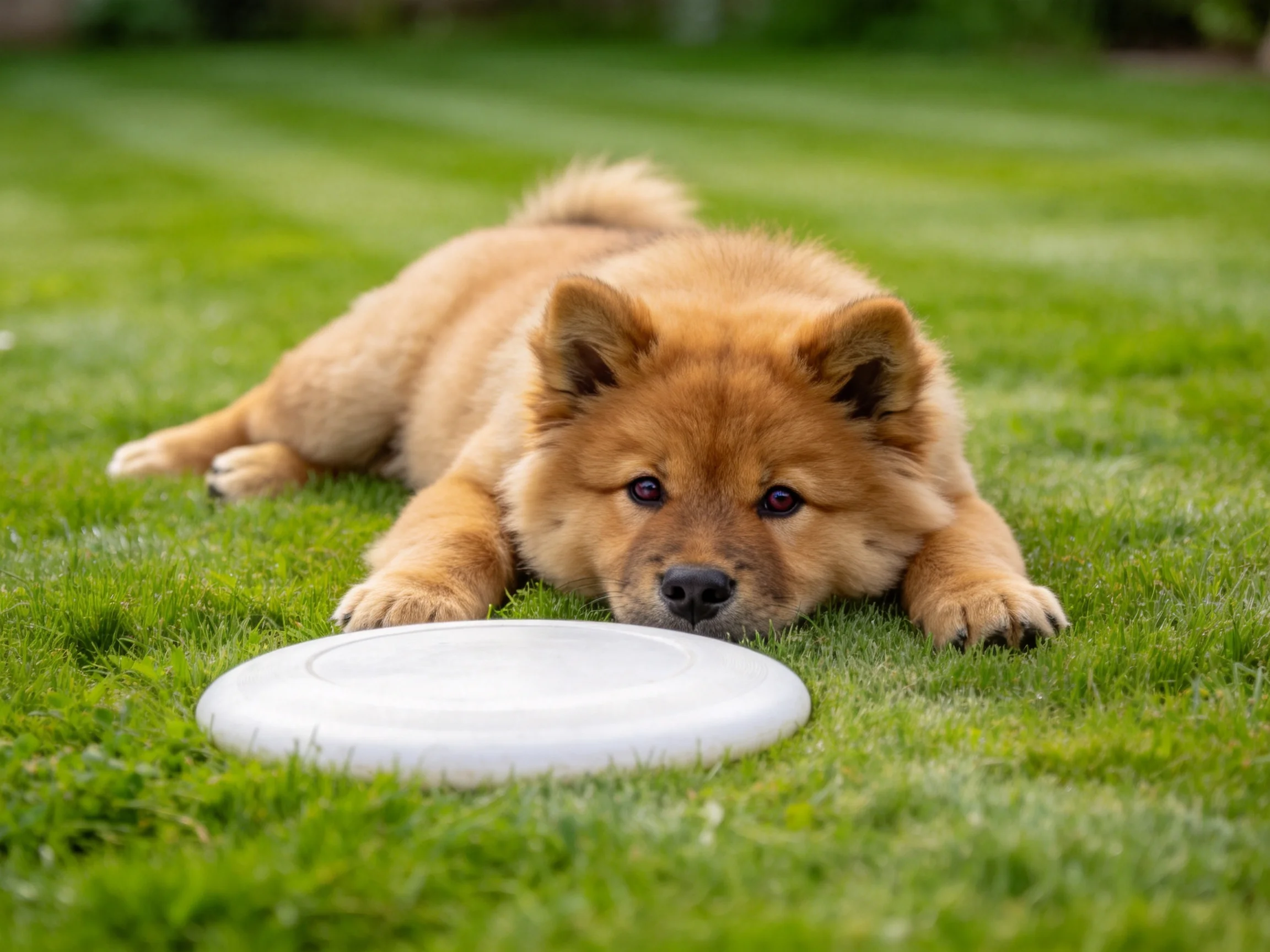 一只柴犬幼犬趴在草地上,浅棕色蓬松毛发与白色飞盘相邻,眼神专注。