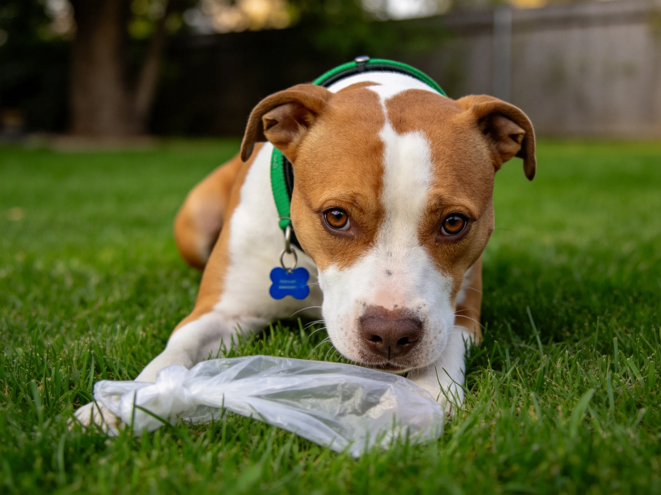 短毛混血犬趴在草地上，嘴巴靠近透明塑料袋，毛发湿润顺滑。