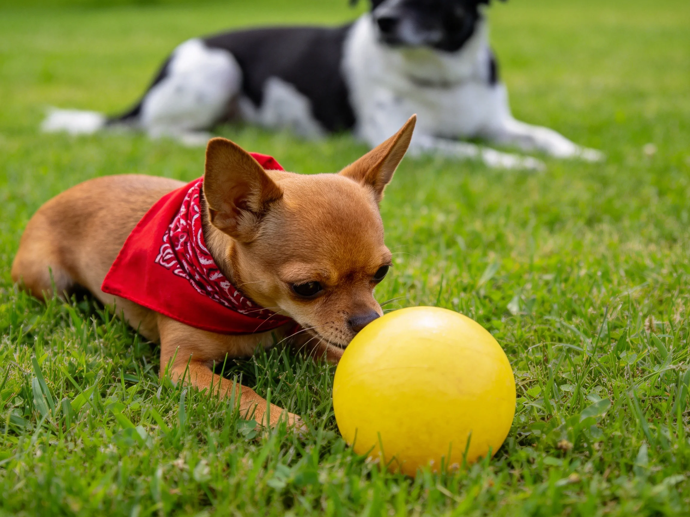吉娃娃犬鼻尖轻触黄色球，红色头巾在阳光下显得格外醒目。