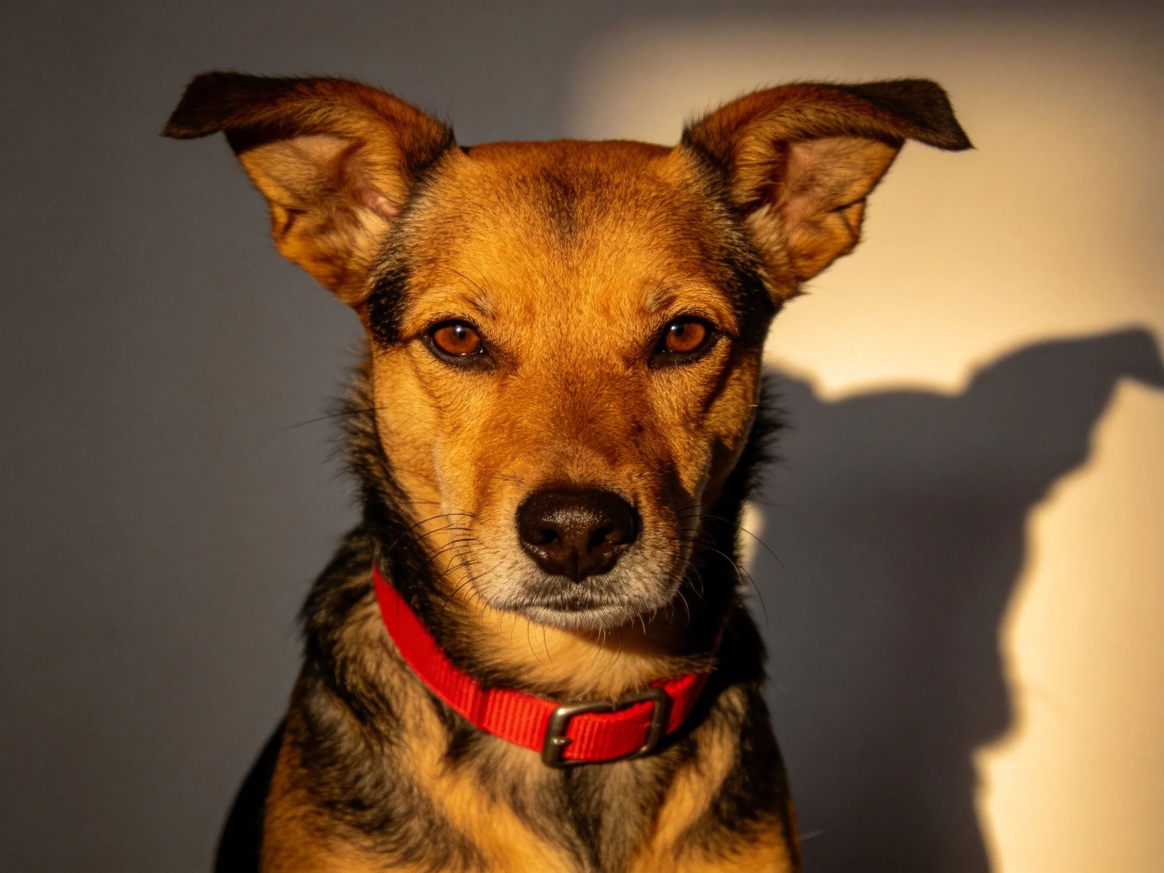一只混种犬正注视镜头,棕褐色毛发搭配黑色斑纹,红色项圈清晰可见,背景投射出清晰的影子。