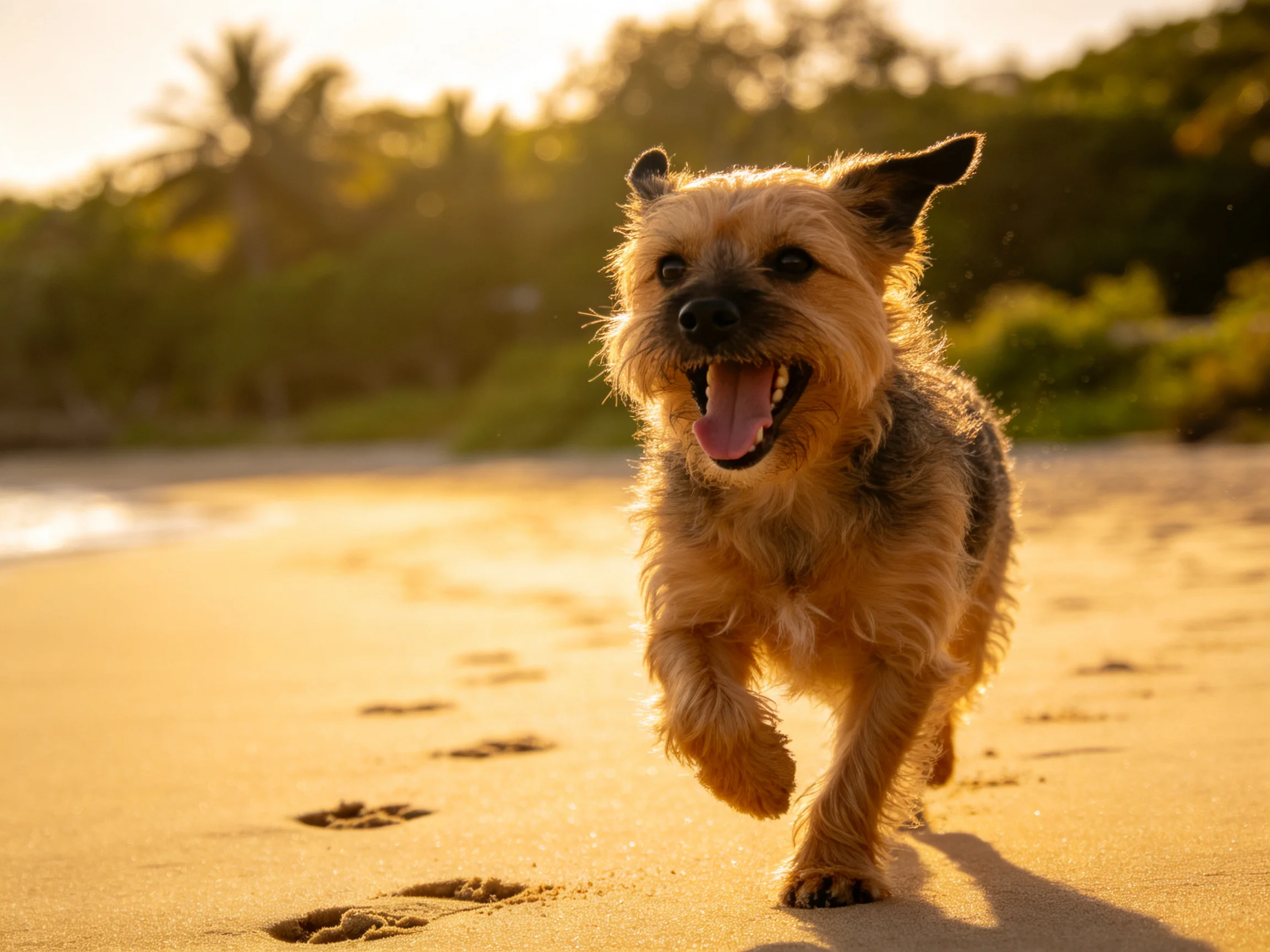 边境梗犬在沙滩上奔跑,嘴巴张开露出舌头,棕褐色被毛在阳光下显得蓬松。