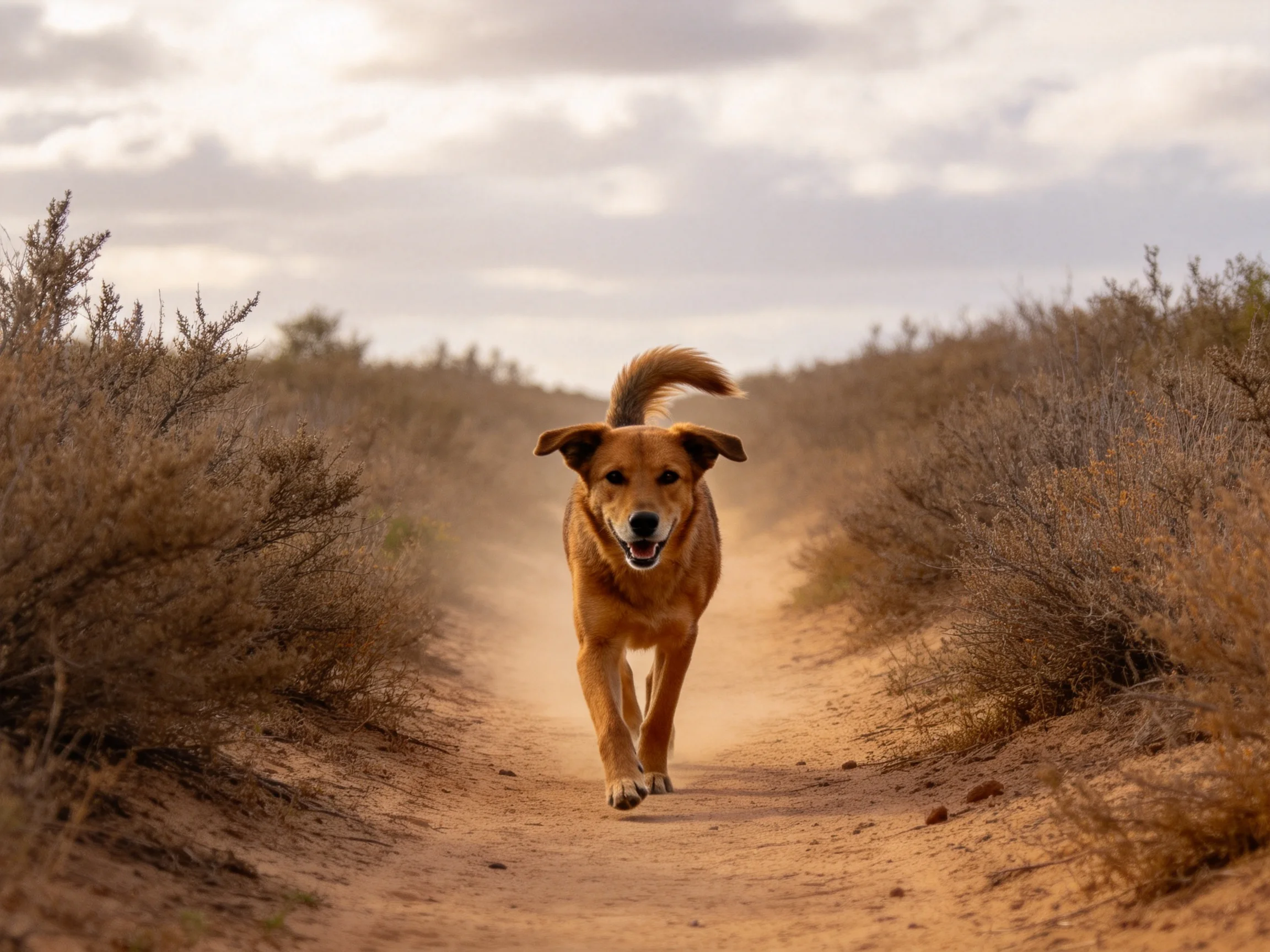 短毛混种犬在荒漠土路上奔跑,浅棕色皮毛清晰可见,尾巴高高翘起。