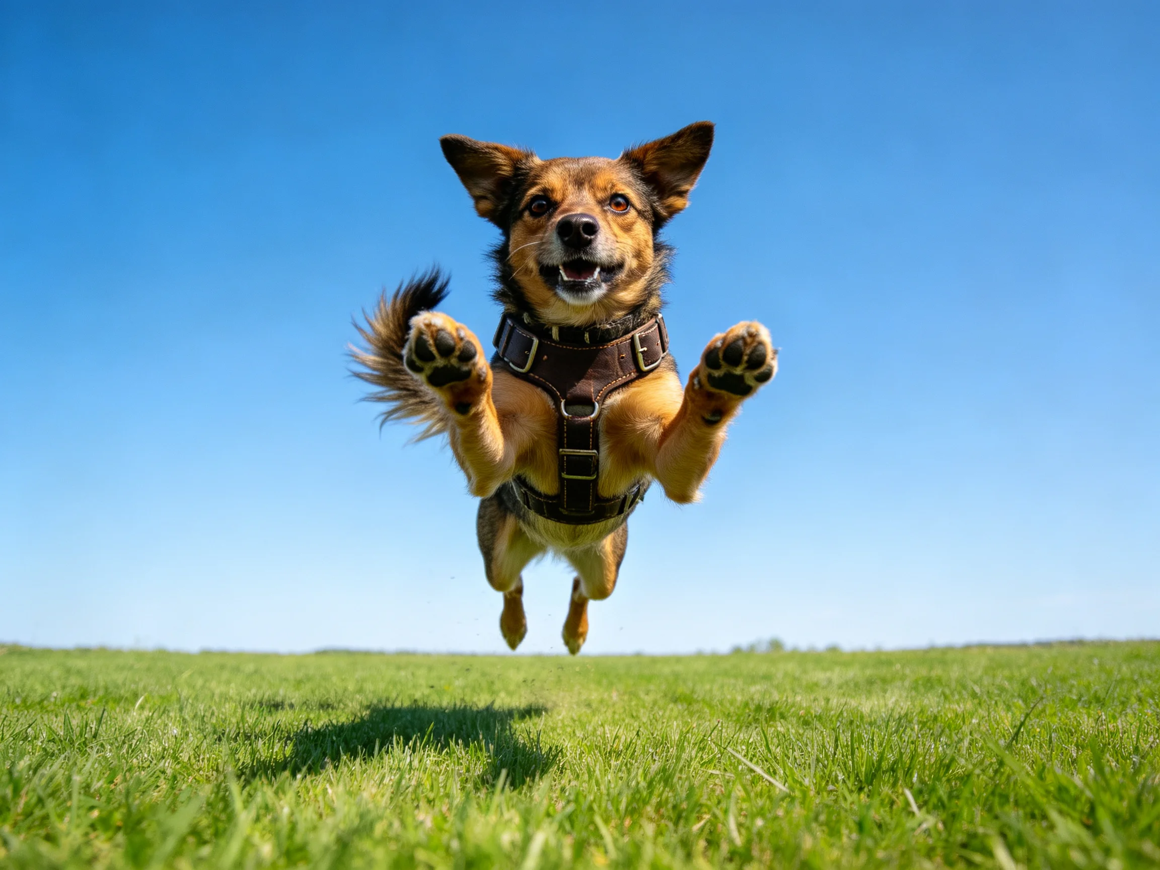 德牧混血犬腾空跃起，棕黑相间的皮毛在阳光下清晰可见，四肢伸展姿态展现出生动的运动感。