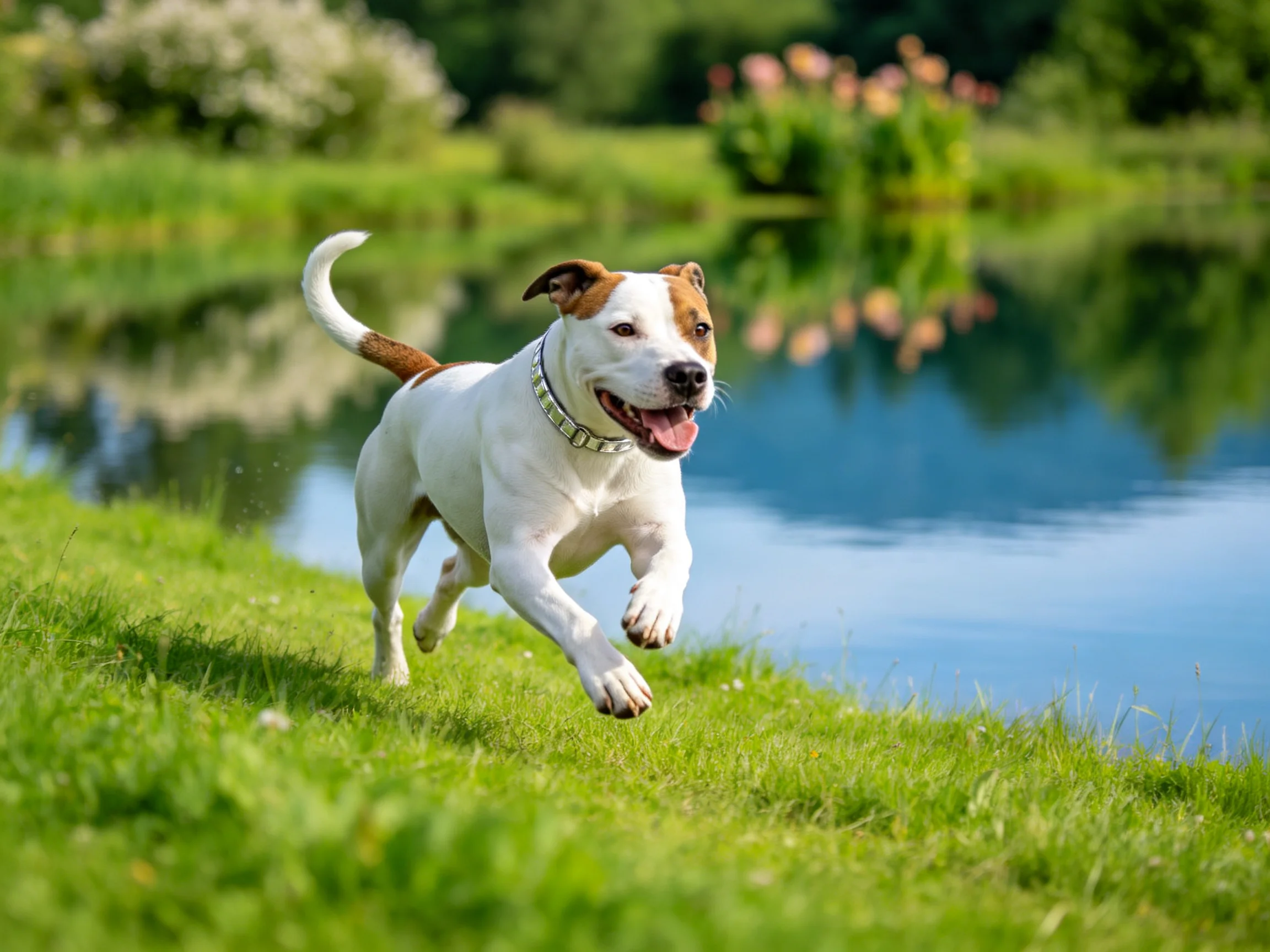 一西梗犬在湖边草地奔跑,白色与棕色相间的被毛,嘴巴张开露出粉红色舌头。