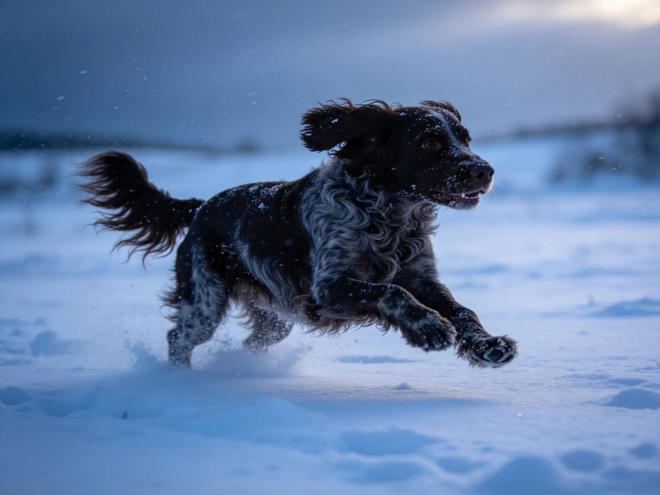 一只黑白相间的卷毛猎犬在雪地中奔跑，毛发沾有雪花，四肢有力地向前伸展。