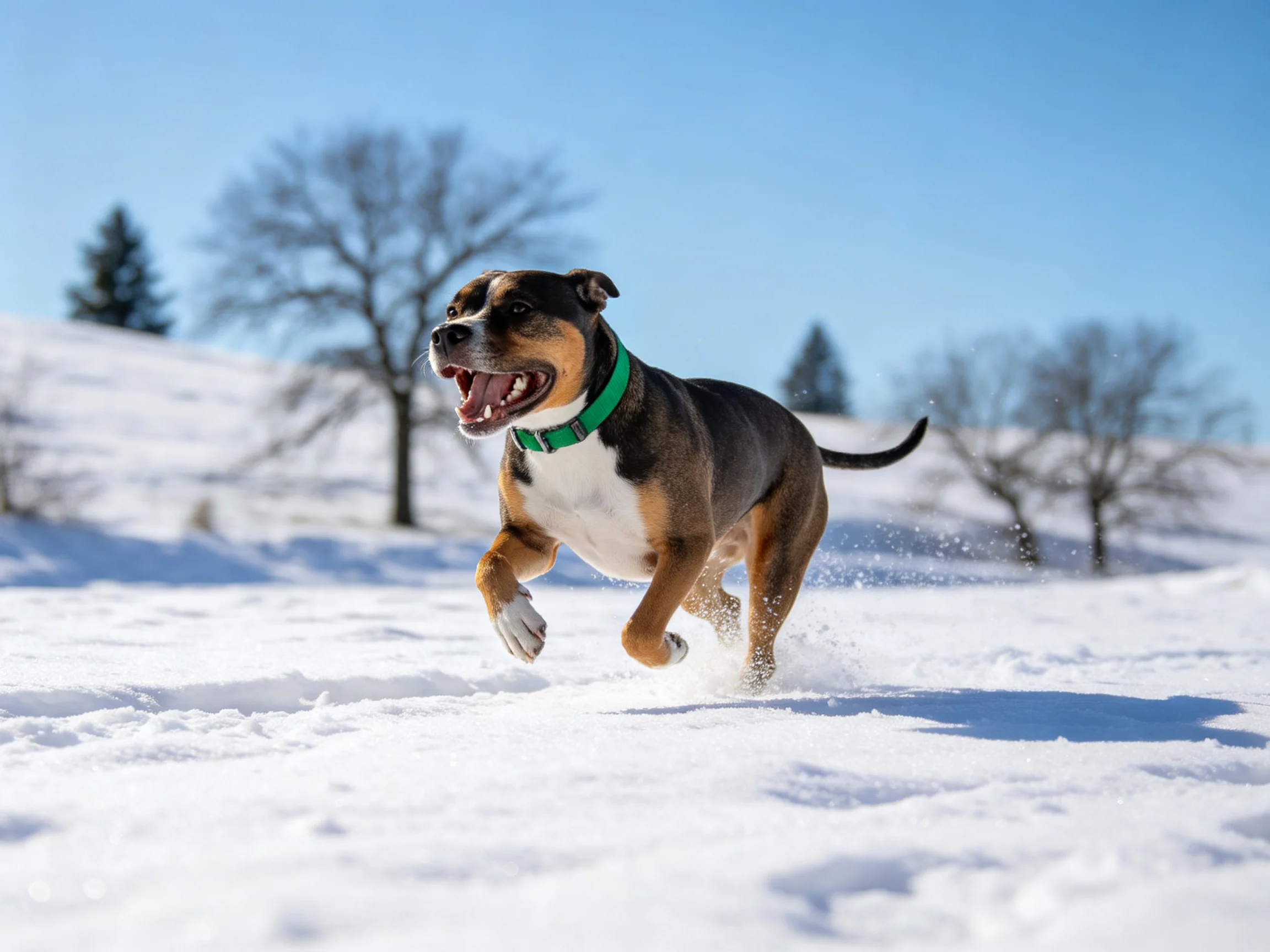 一只黑、棕、白相间的混种犬在雪地上奔跑,绿色项圈清晰可见,四肢动态感强。