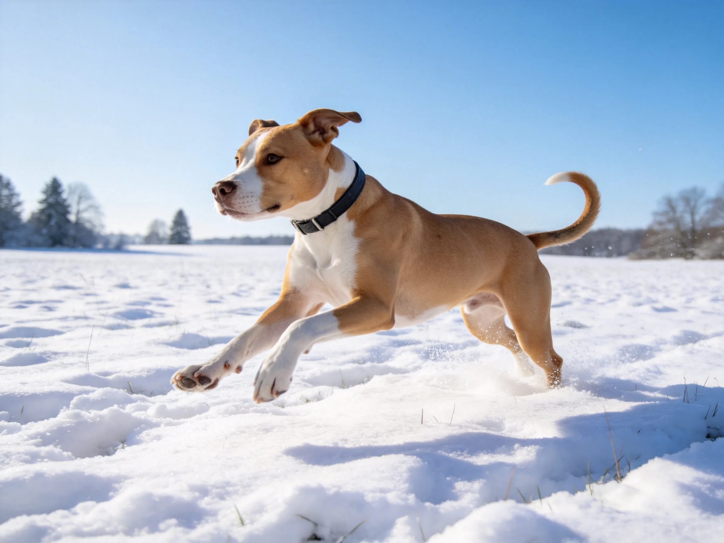 雪地中棕白相间的比特犬正向前奔跑,前爪抬起,后爪蹬地,展现出奔跑时的姿态。