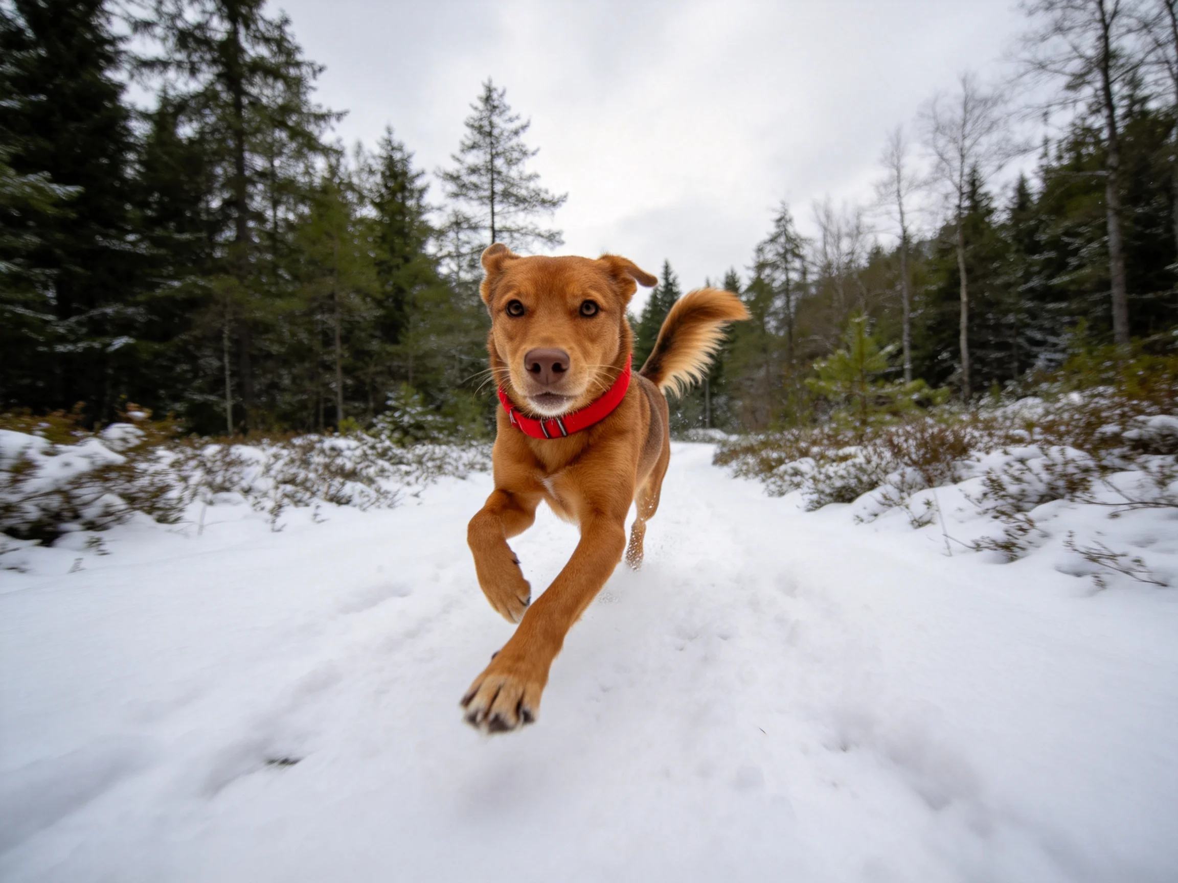 一只戴红色项圈的棕褐短毛混种犬在雪地上奔跑,前爪靠近镜头处,毛发短而顺滑。