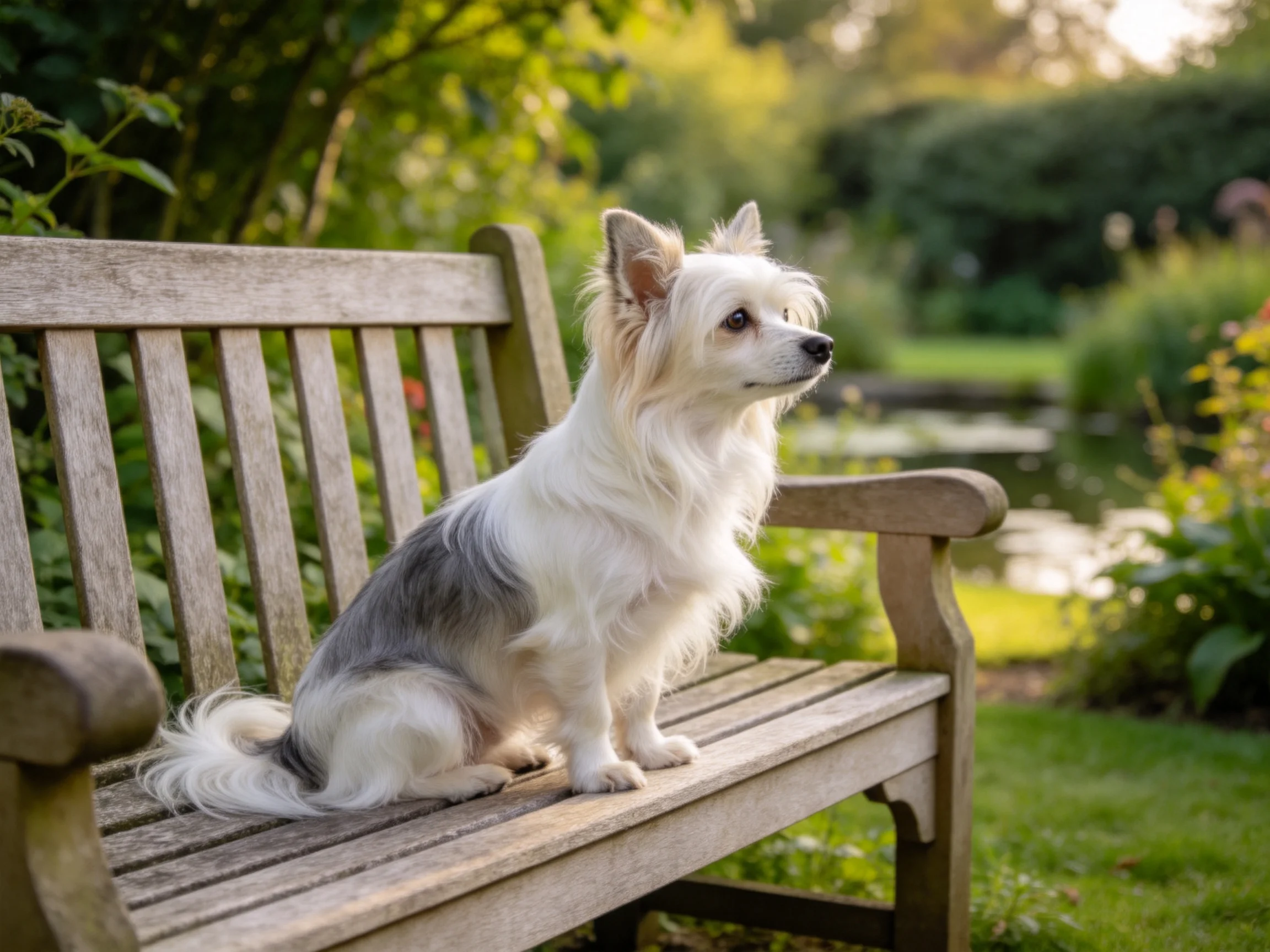 长毛卷毛小型犬有着白色与灰色相间的蓬松毛发,正安静地坐在木质长椅上,目光注视着远方。