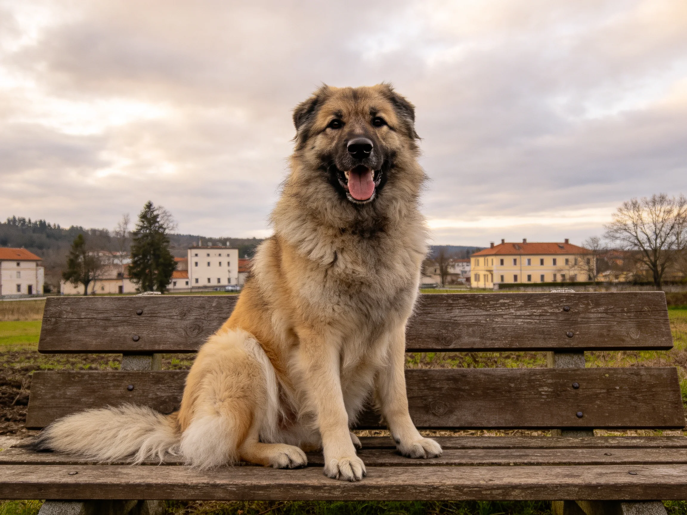 高加索牧羊犬坐在木质长椅上,浅棕色毛发蓬松,嘴巴张开露出粉红色舌头。
