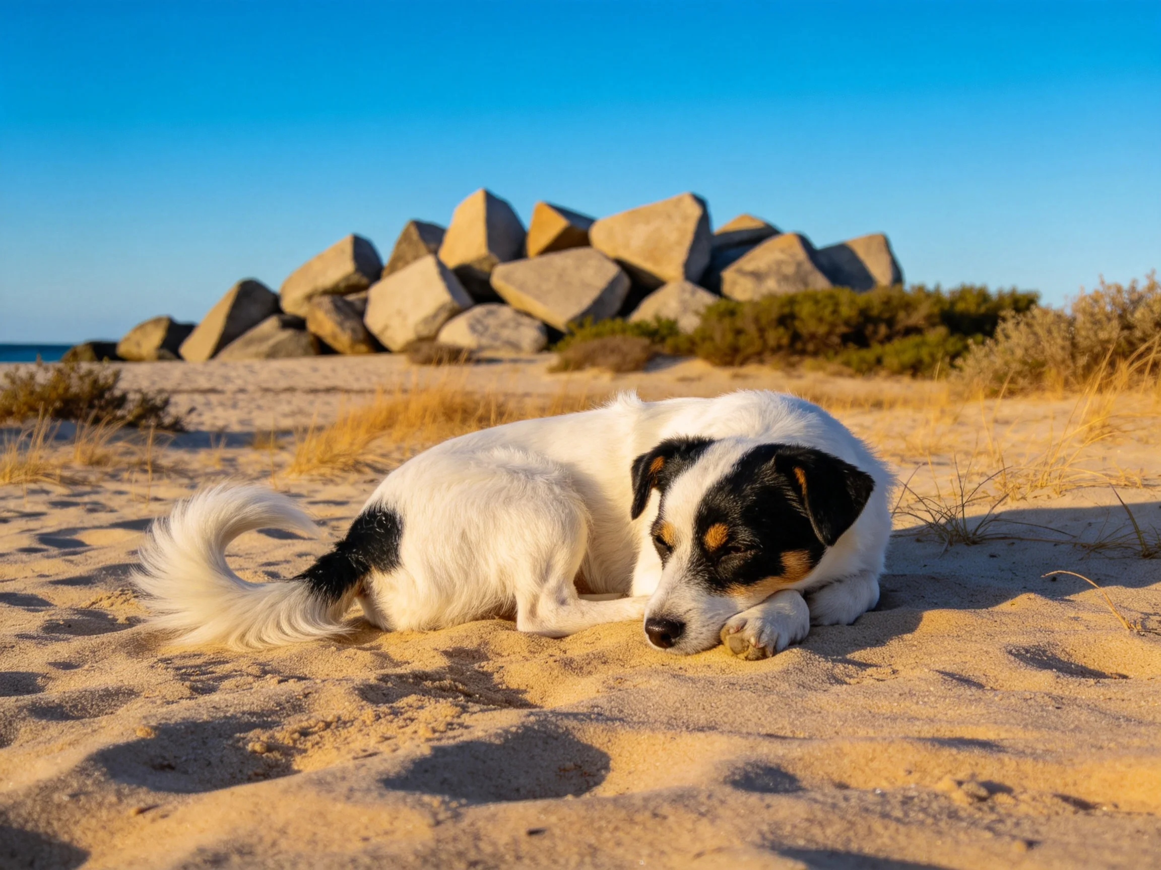 一只短毛混血犬趴在沙滩上,白色带黑色斑纹的毛发在阳光下显得柔软蓬松。