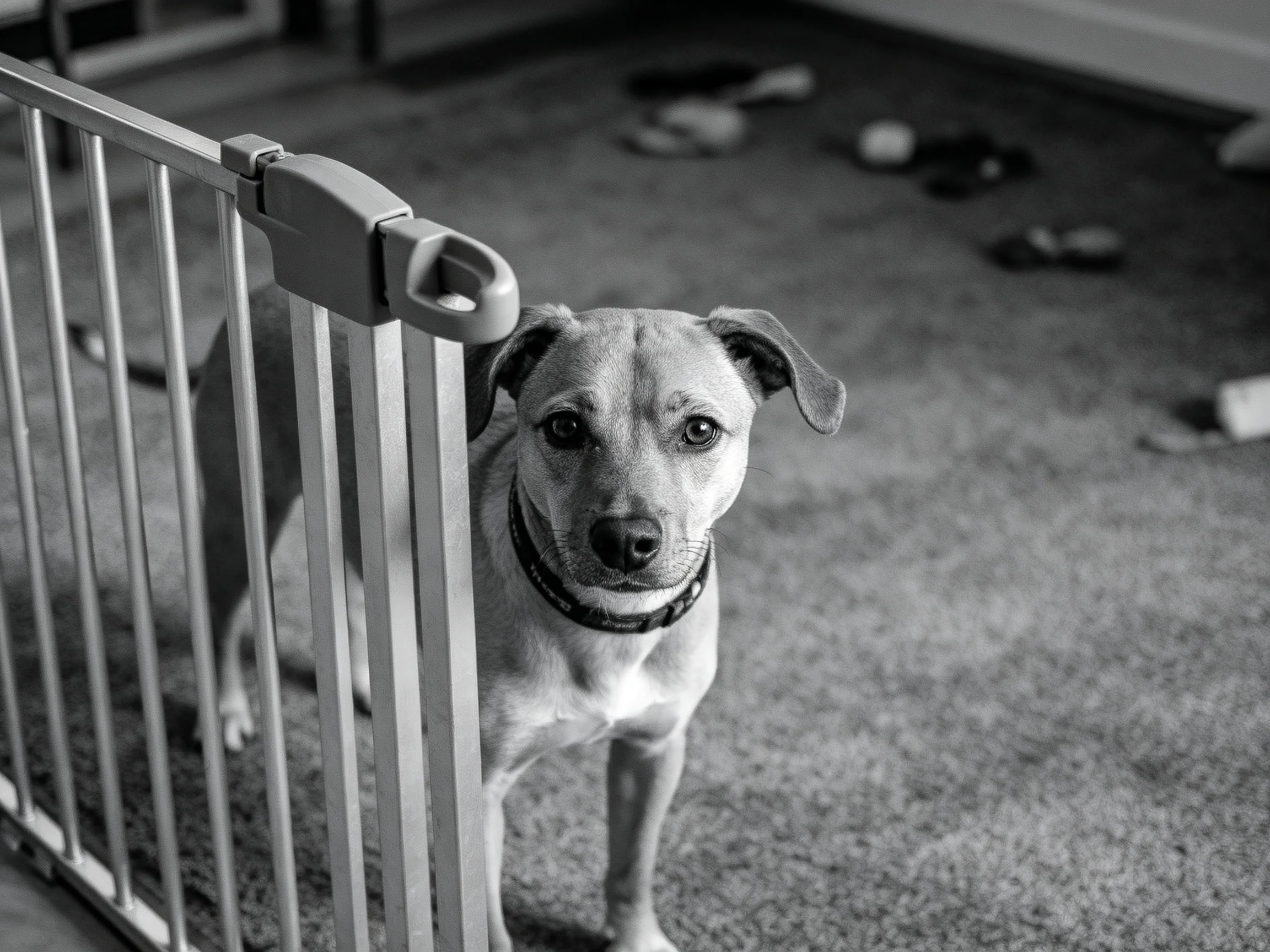 短毛混种犬站在防护栏旁,浅色被毛带有深色斑纹,目光平静注视镜头。