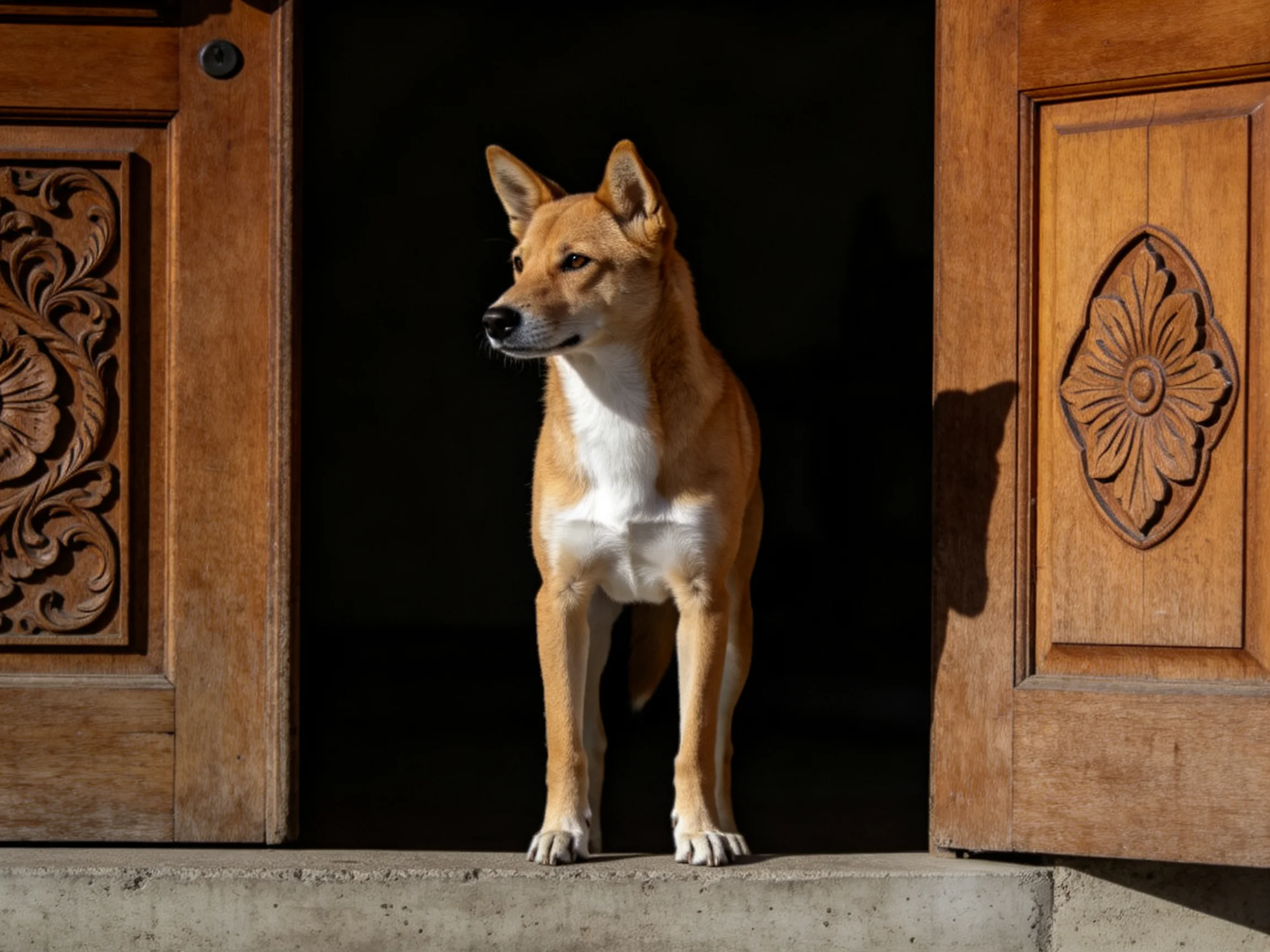 一只浅棕色带白色胸部的野犬站在打开的木大门中间,耳朵竖起,目光看向左侧方向。