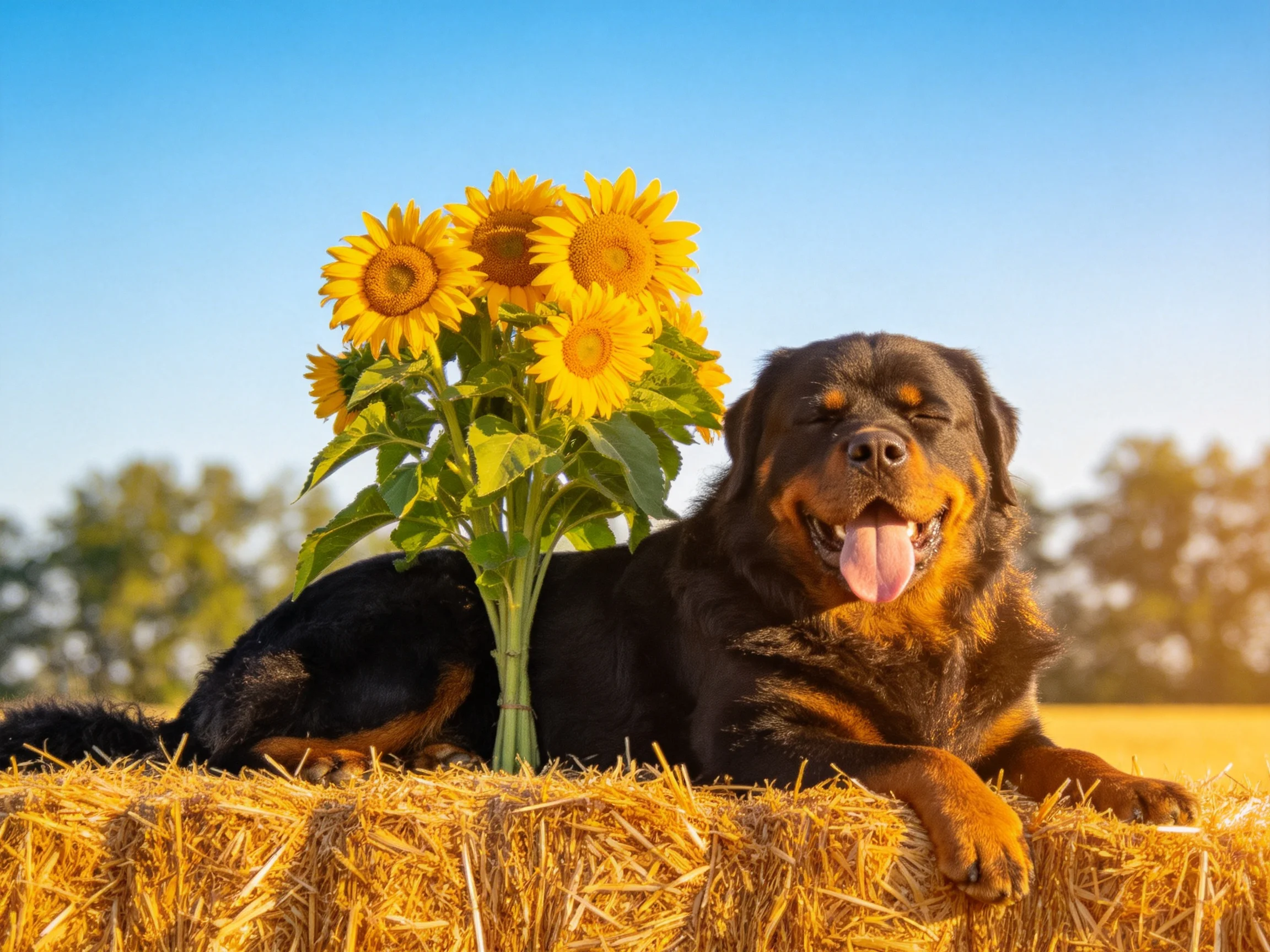 罗威纳犬黑棕相间的被毛与身旁黄色的向日葵形成鲜明对比,舌头伸出。