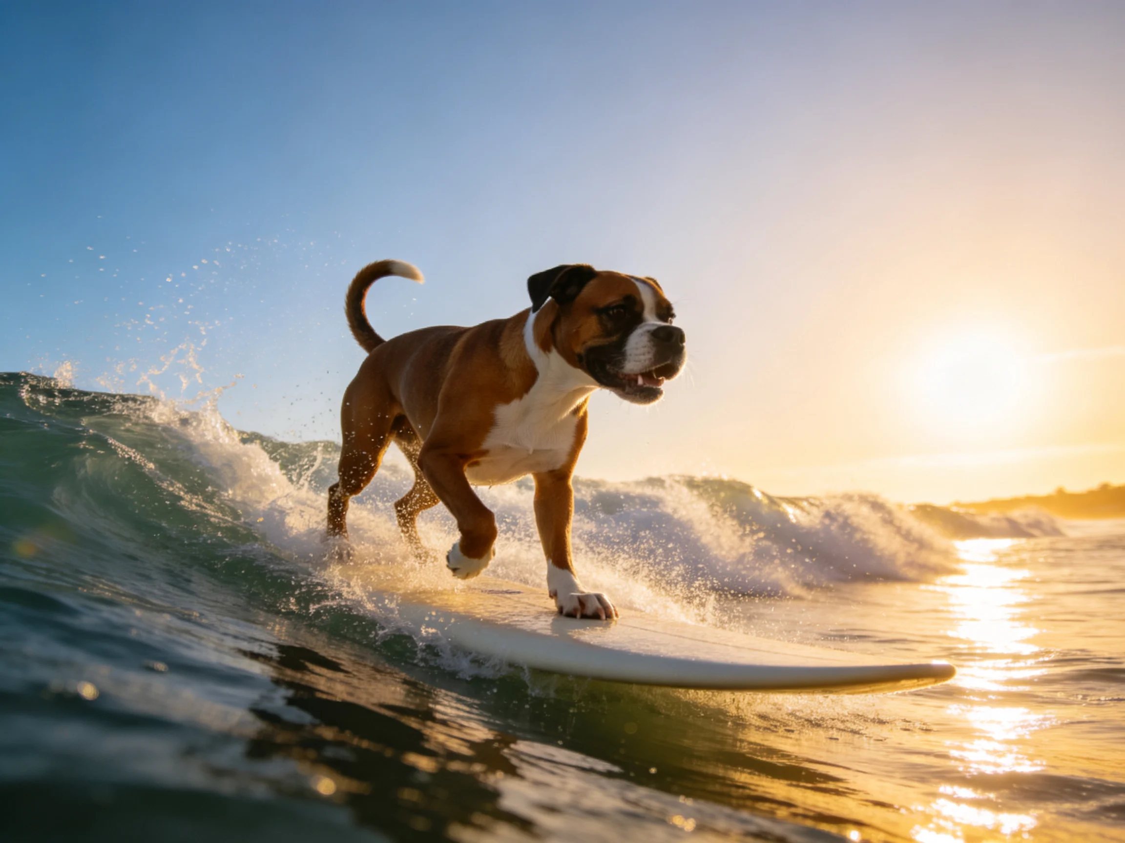 一只拳师犬站在冲浪板上，棕白相间的被毛在阳光下清晰可见。
