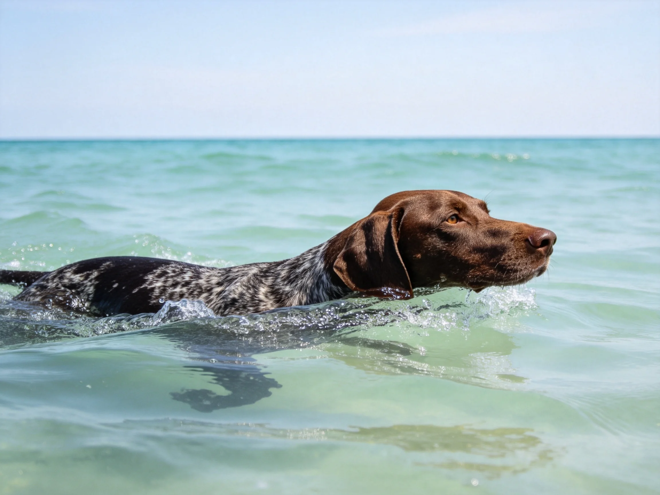 德国短毛波音达犬在清澈海水中游泳,黑棕相间的斑纹清晰可见。