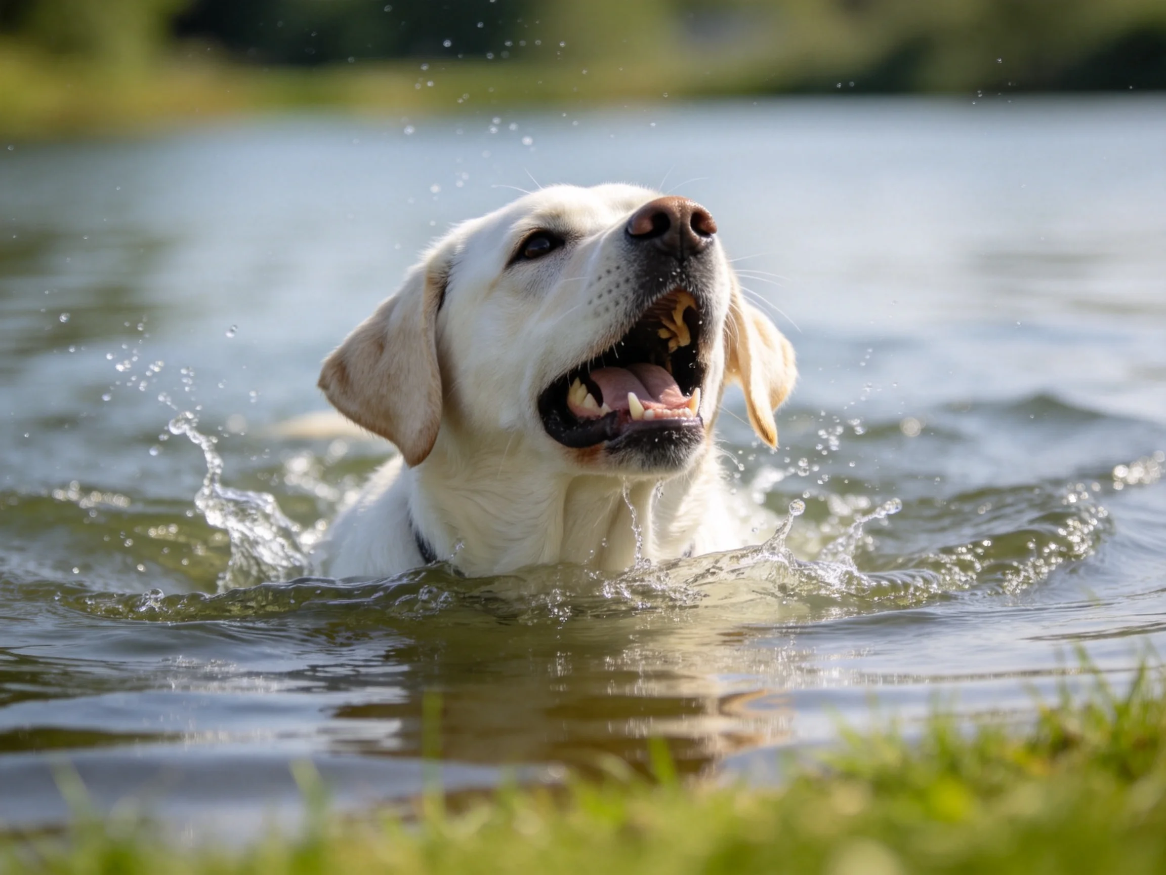 拉布拉多犬在水中游泳,白色短毛沾满水珠,嘴巴张开露出牙齿。