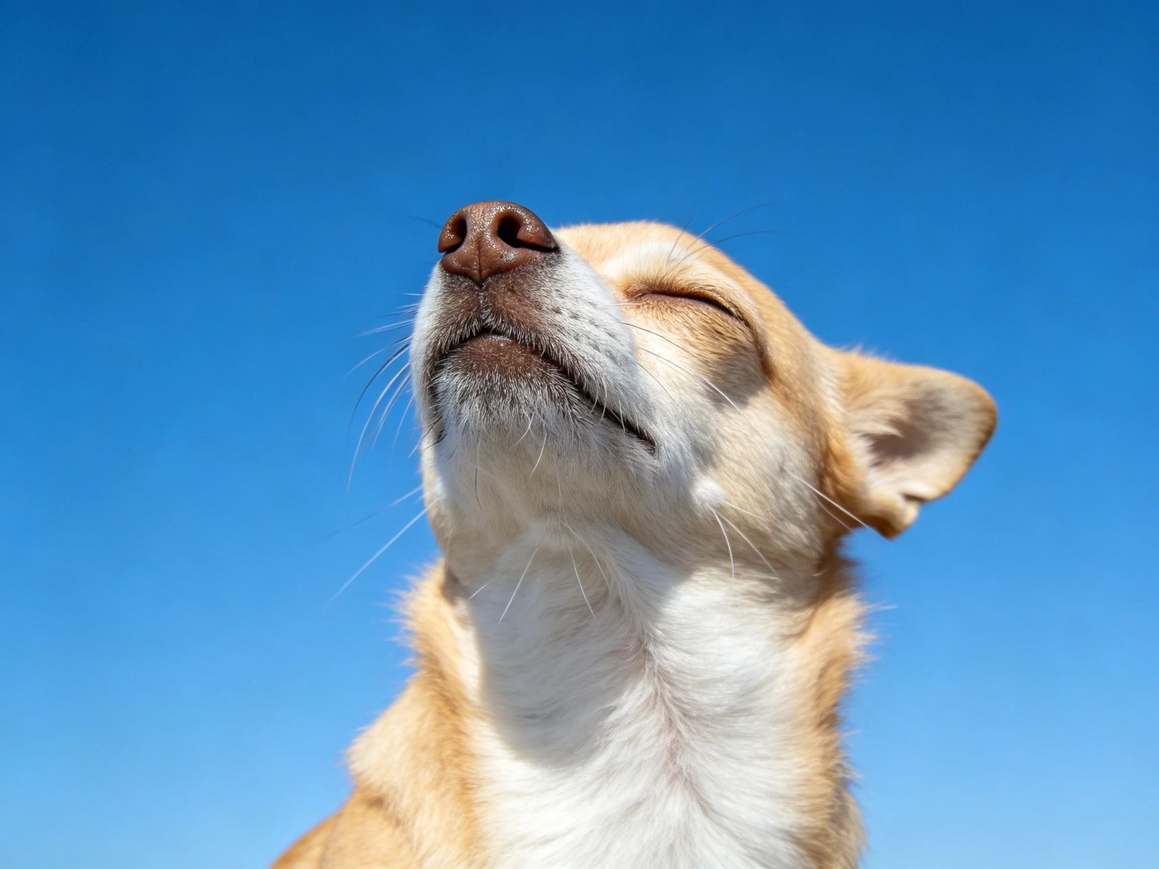 一只小型混种犬双眼闭合,浅棕与白色相间的毛发在蓝天背景下显得格外清晰,鼻尖微微抬起。