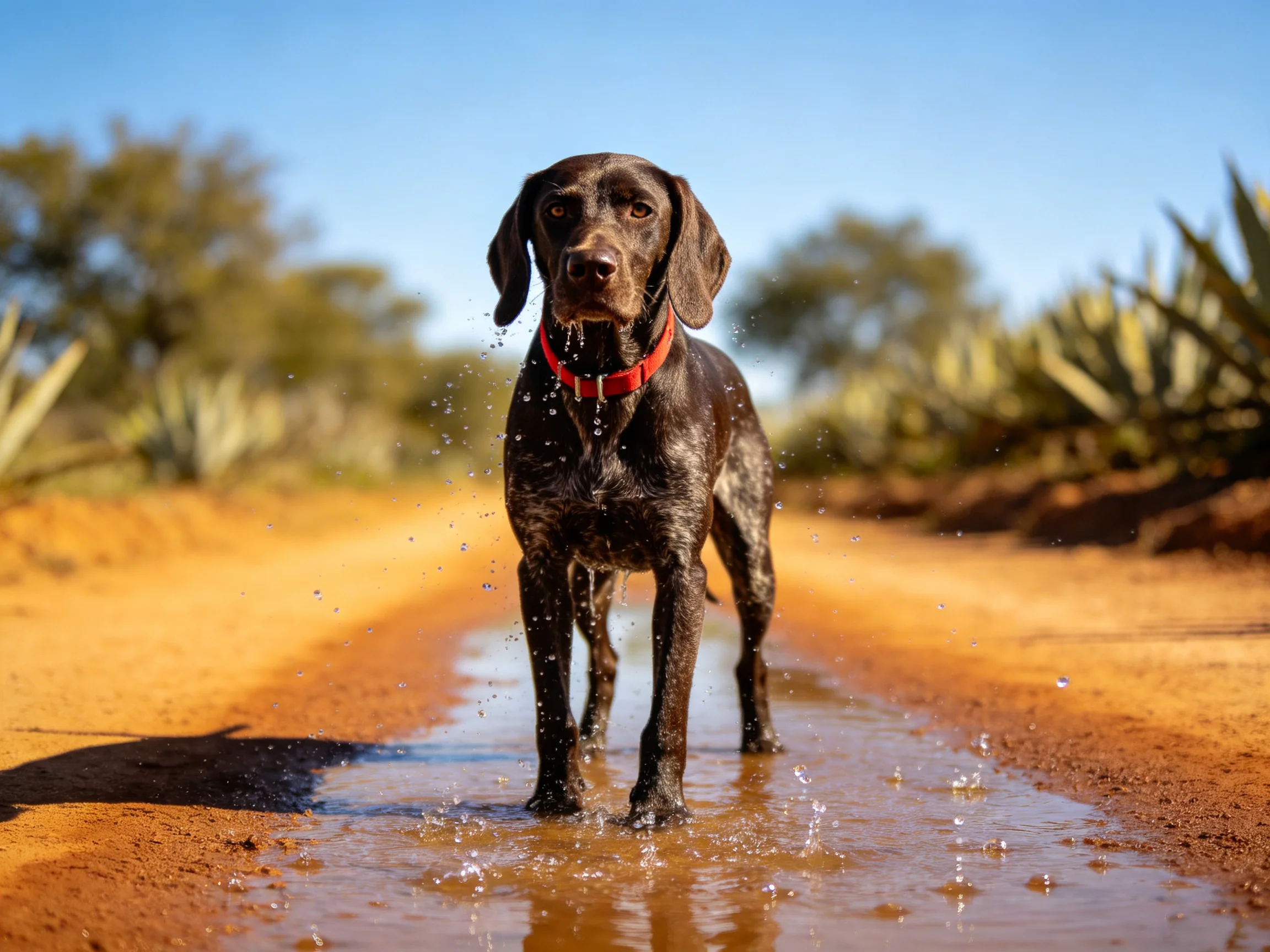 德国短毛波音达犬站在水洼中,湿润的毛与溅起的水滴清晰可见。