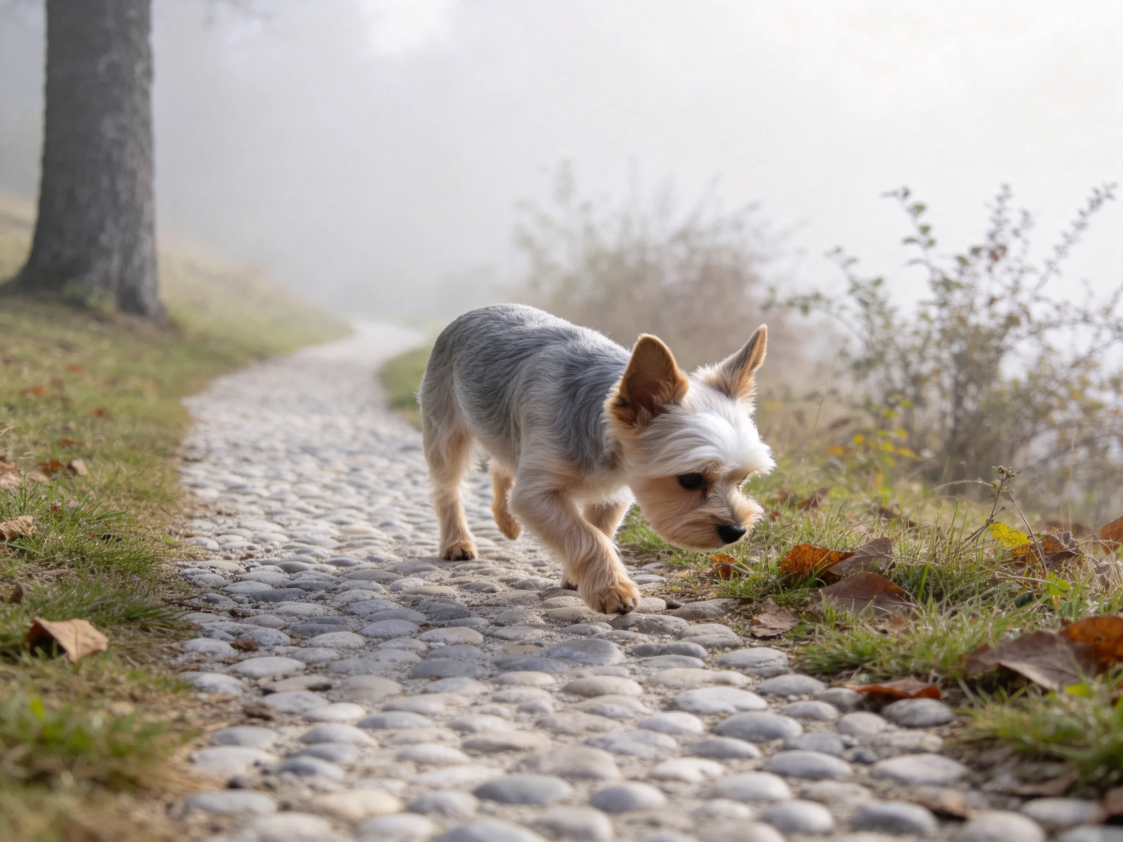约克夏梗犬在鹅卵石小径上行走,灰白色毛发分明,处于雾气笼罩的环境中。