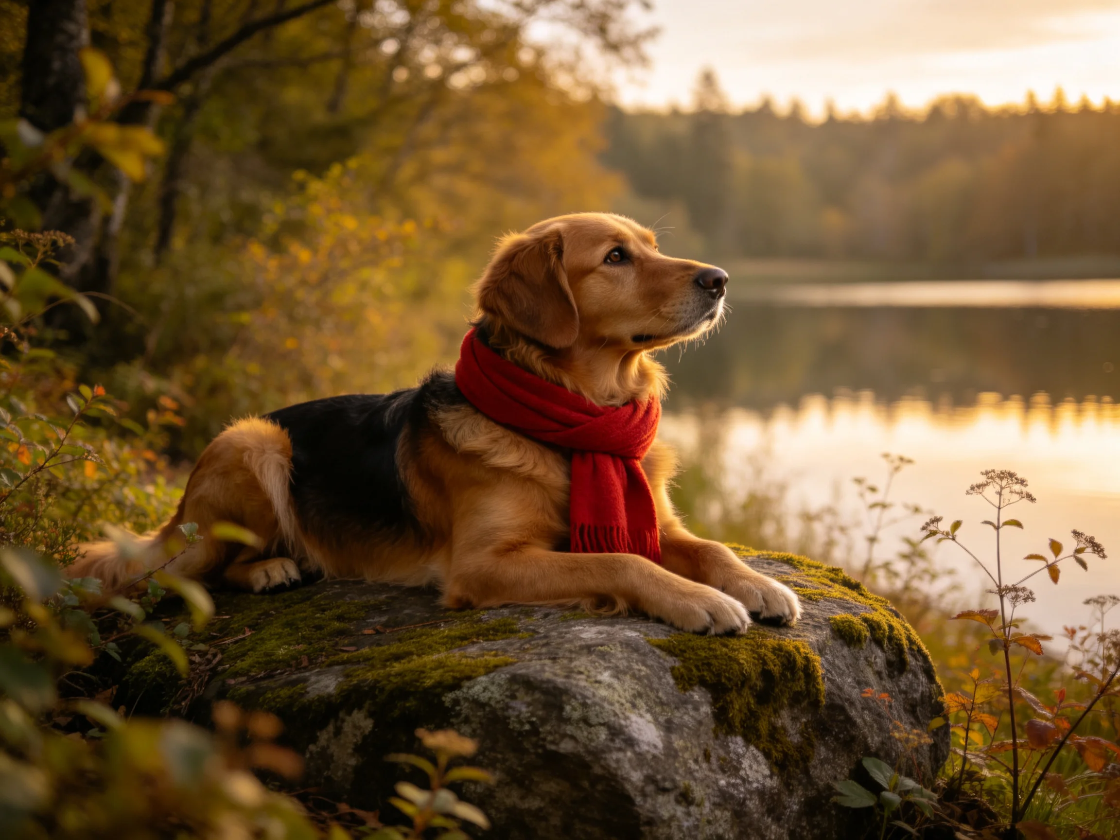 一只金毛混种犬趴在长满青苔的岩石上,脖颈处围着红色围巾,目光望向远方水面。