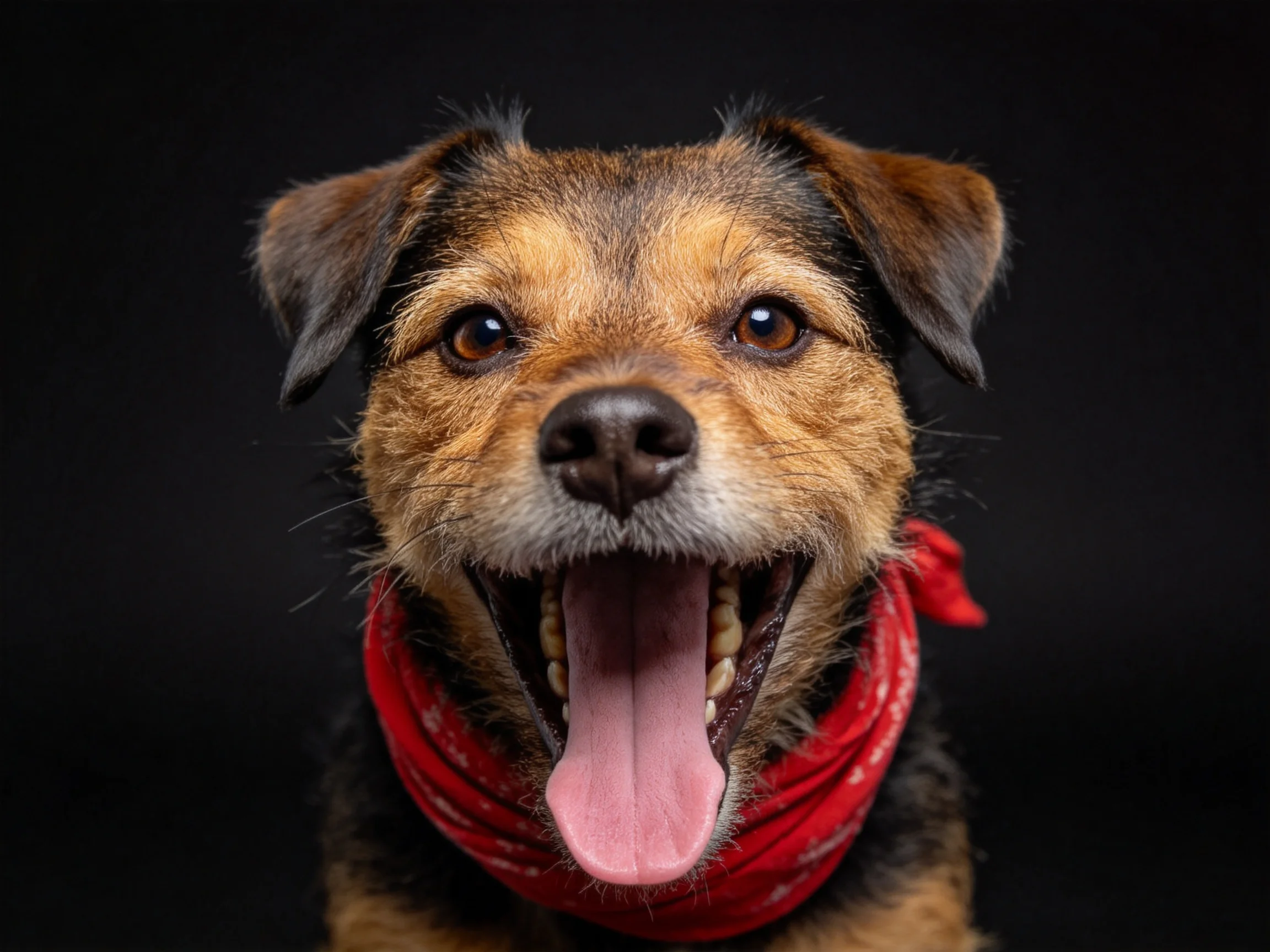 一只短毛混种犬戴着红色带白点的围巾,嘴巴张开露出牙齿和湿润的粉色舌头。
