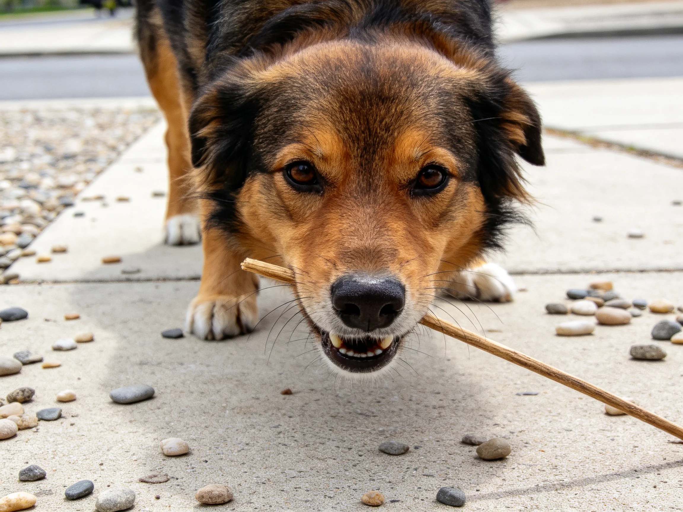 混种犬叼着木棍,黑棕相间的毛发,嘴巴紧咬木棍的特写画面。