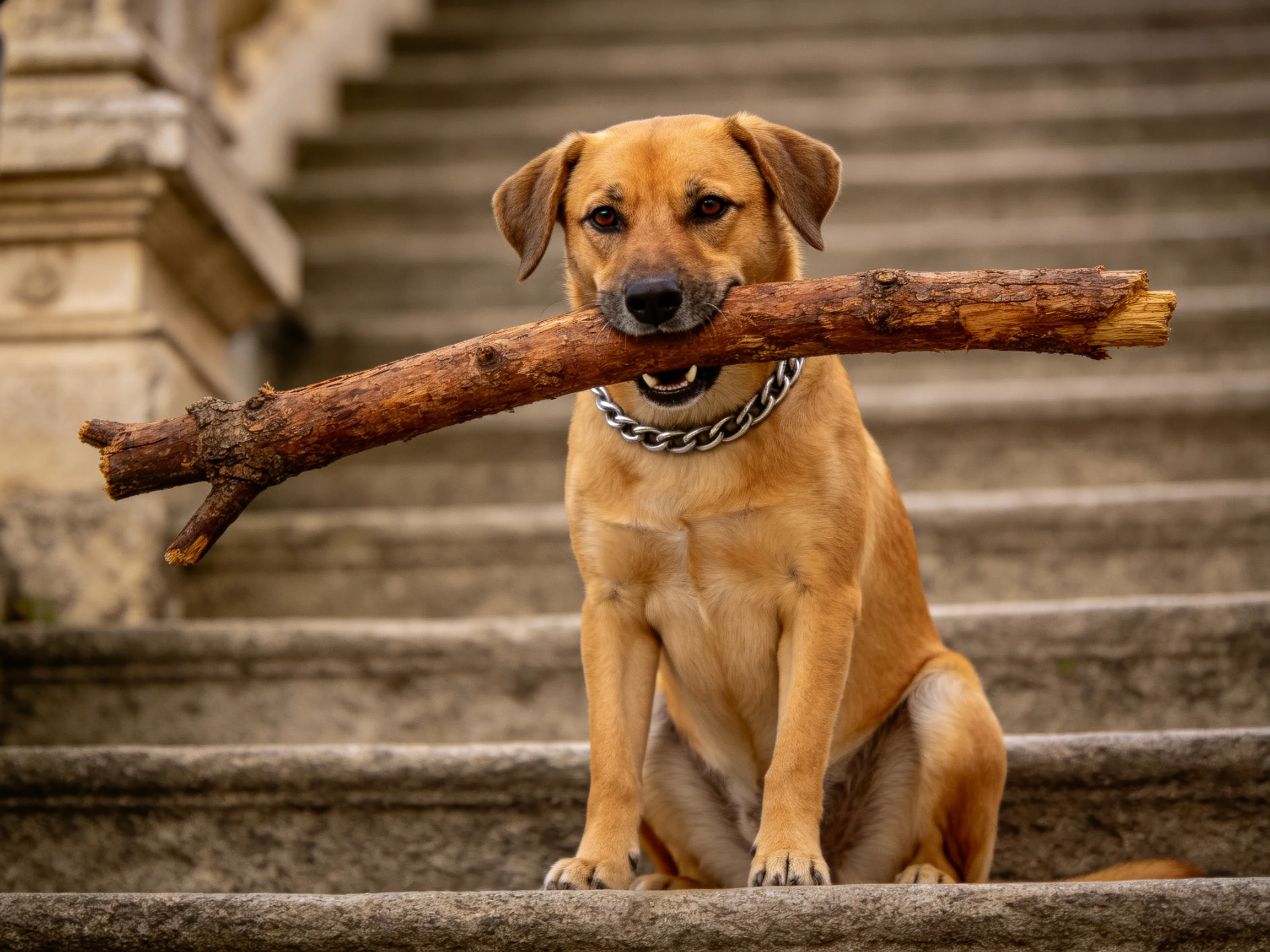 短毛混种犬叼着表面粗糙带树皮纹理的木棍，浅棕色皮毛柔软有光泽。