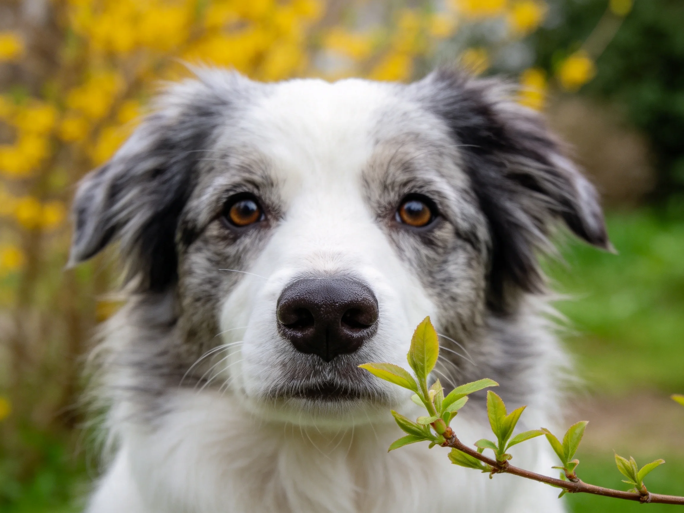 边境牧羊犬蓝灰色被毛特写,黑色鼻头与前景中的绿色叶片形成空间关联。
