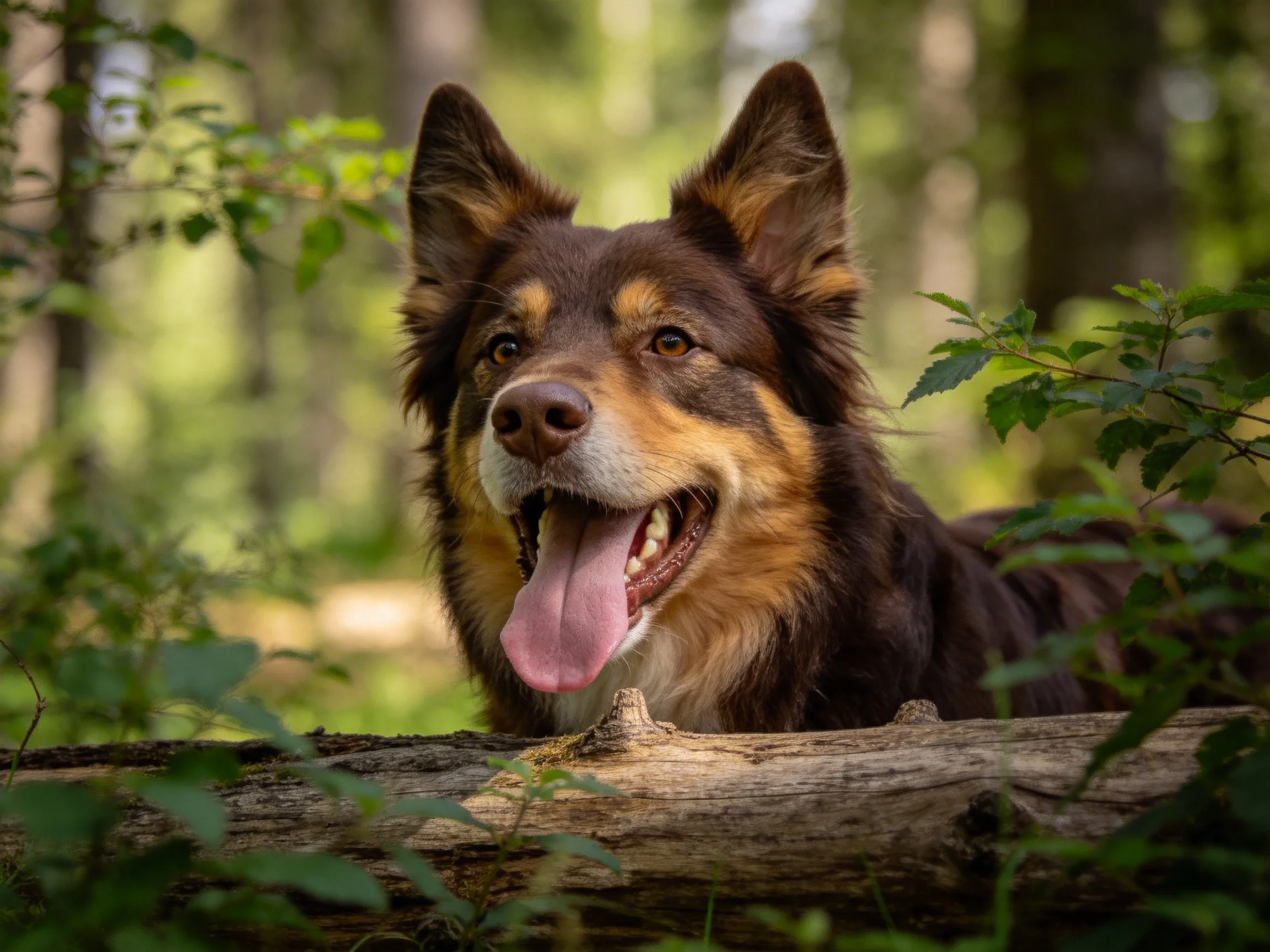 边牧混血犬张着嘴巴,舌头湿润外伸,棕褐相间的被毛在光线下显得格外清晰。