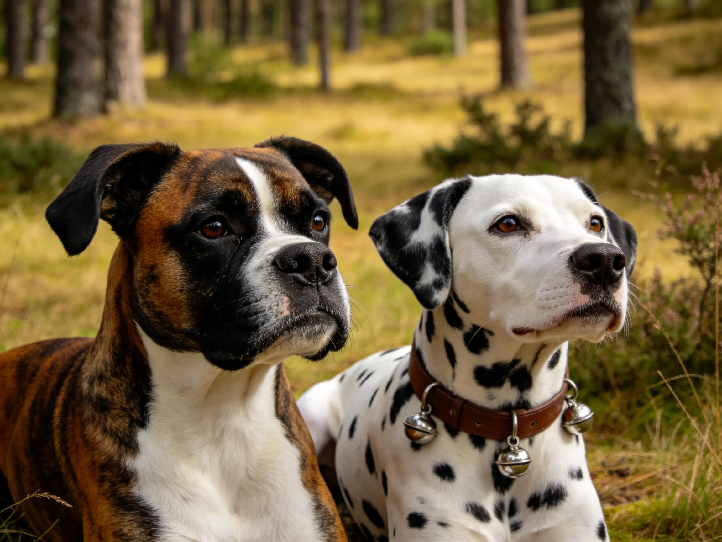 拳师犬与大麦町犬并肩坐在森林草地，拳师犬有棕黑白相间被毛，大麦町犬有带黑斑的白被毛，项圈挂着铃铛。