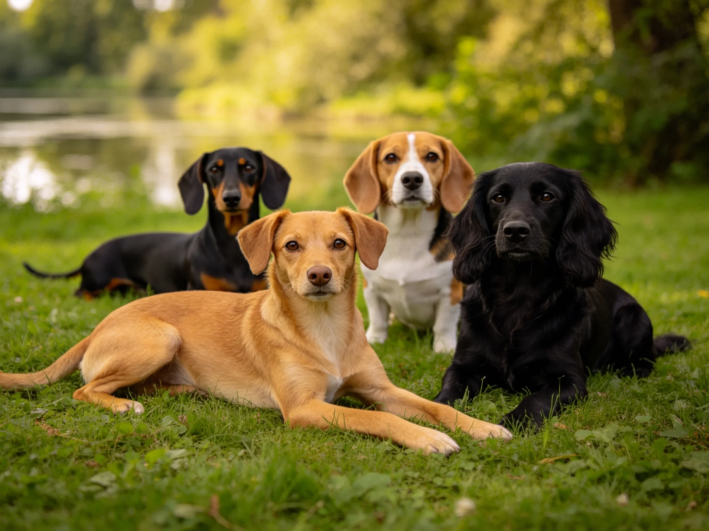 浅棕色犬只毛发短而顺滑,趴在草地上,周围有多只其他品种的只陪伴。
