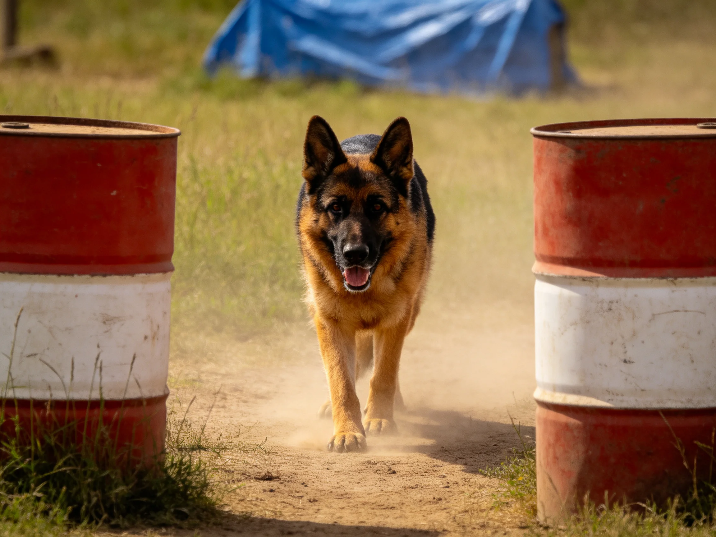 德国牧羊犬正穿过油桶,嘴巴张开展现警觉状态,黑棕相间的皮毛在阳光下清晰可见。