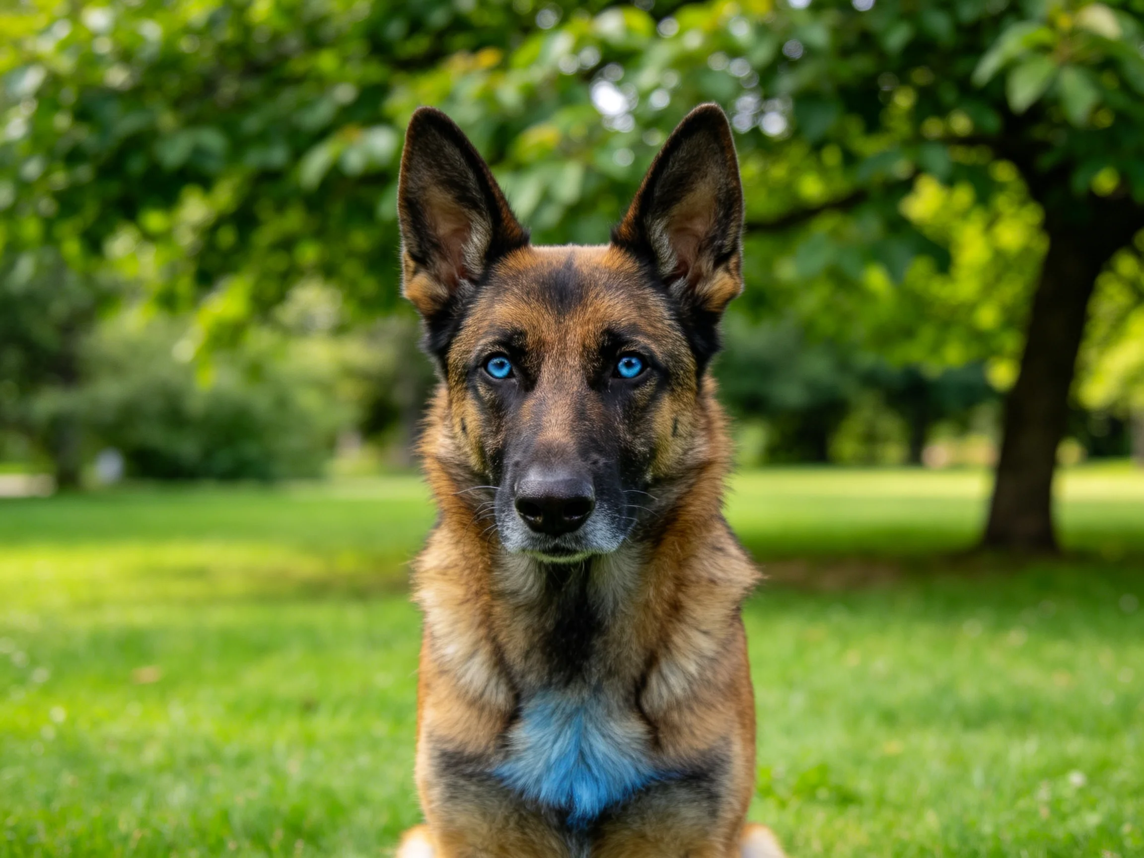 德国牧羊犬有着蓝色的眼睛,毛发短而顺滑,耳朵竖立向上。