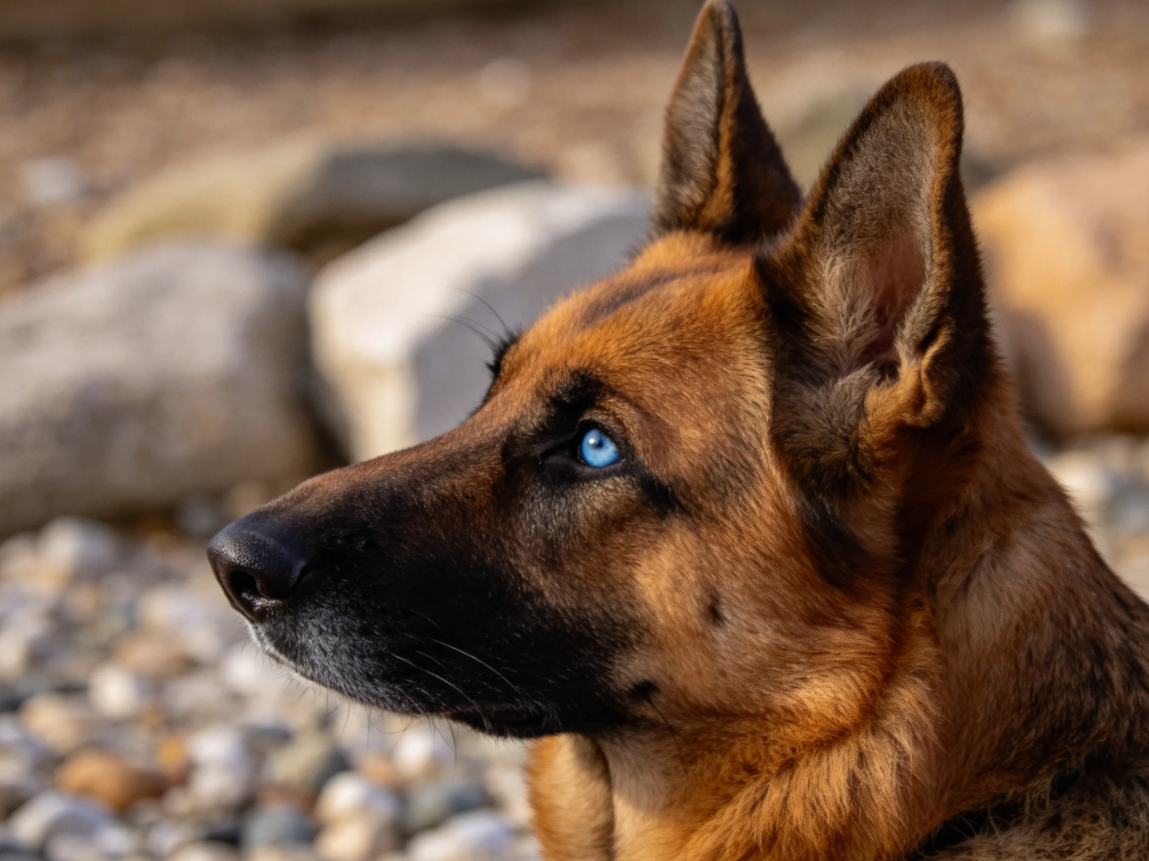 德国牧羊犬有着蓝色眼眸,黑色的口鼻部与棕色的毛发形成鲜明对比,耳朵竖立着。