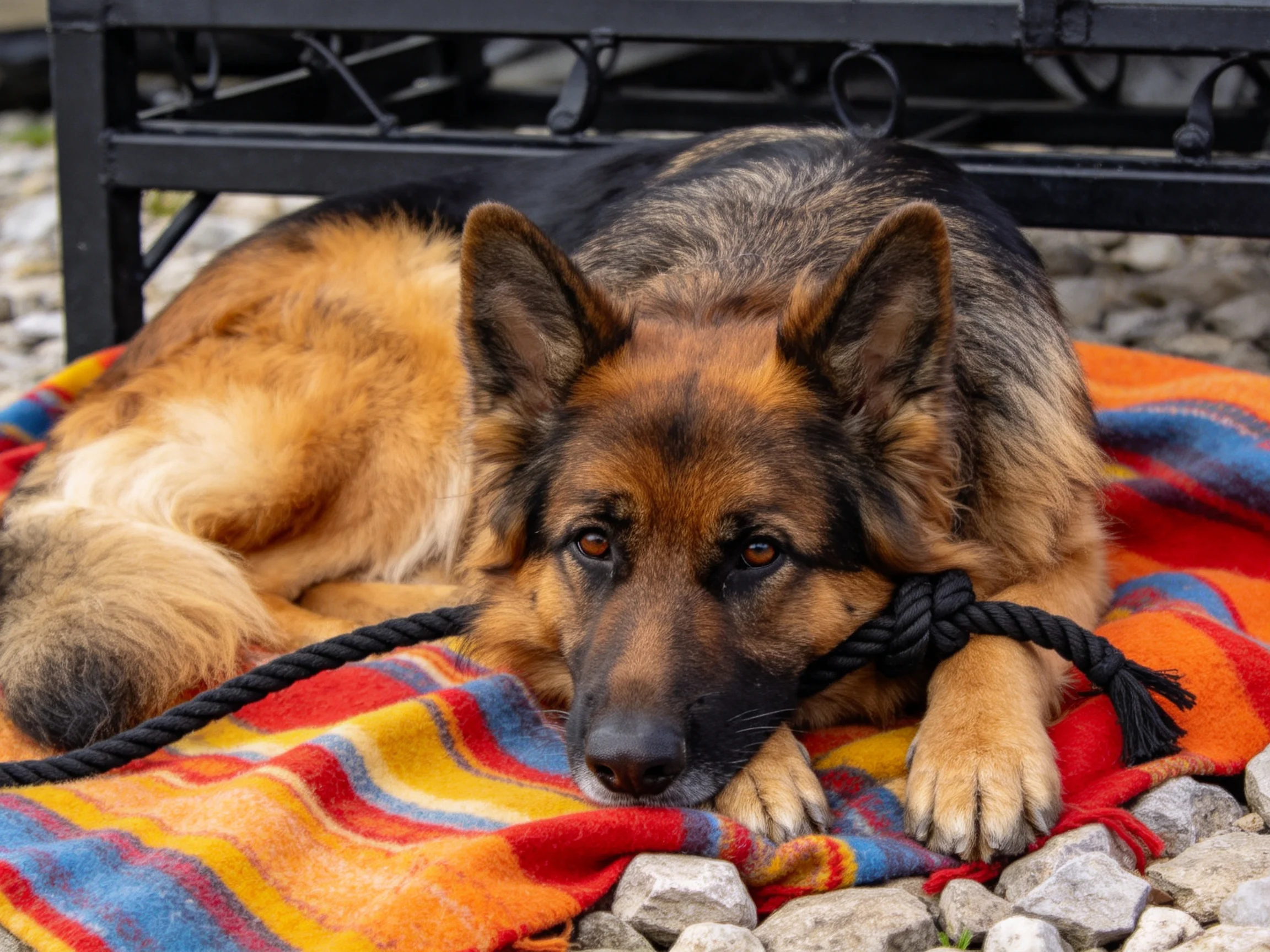 德国牧羊犬趴卧在彩色毛毯上,前爪搭在绳索玩具旁,棕黑相间的毛发柔软顺滑。