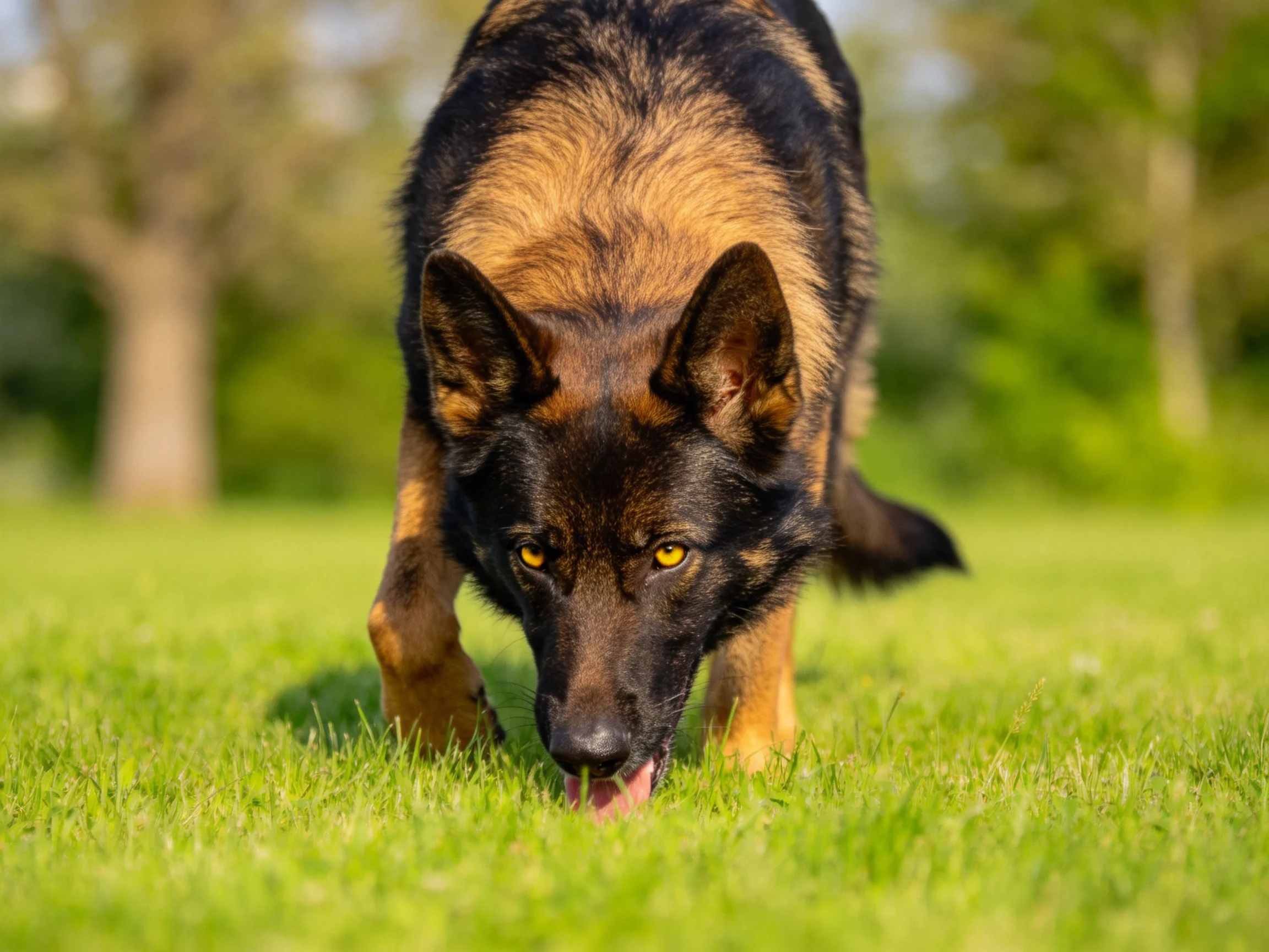 德国牧羊犬低头嗅探,黑棕色毛发在阳光下清晰可见,黑色的鼻尖轻触草叶。