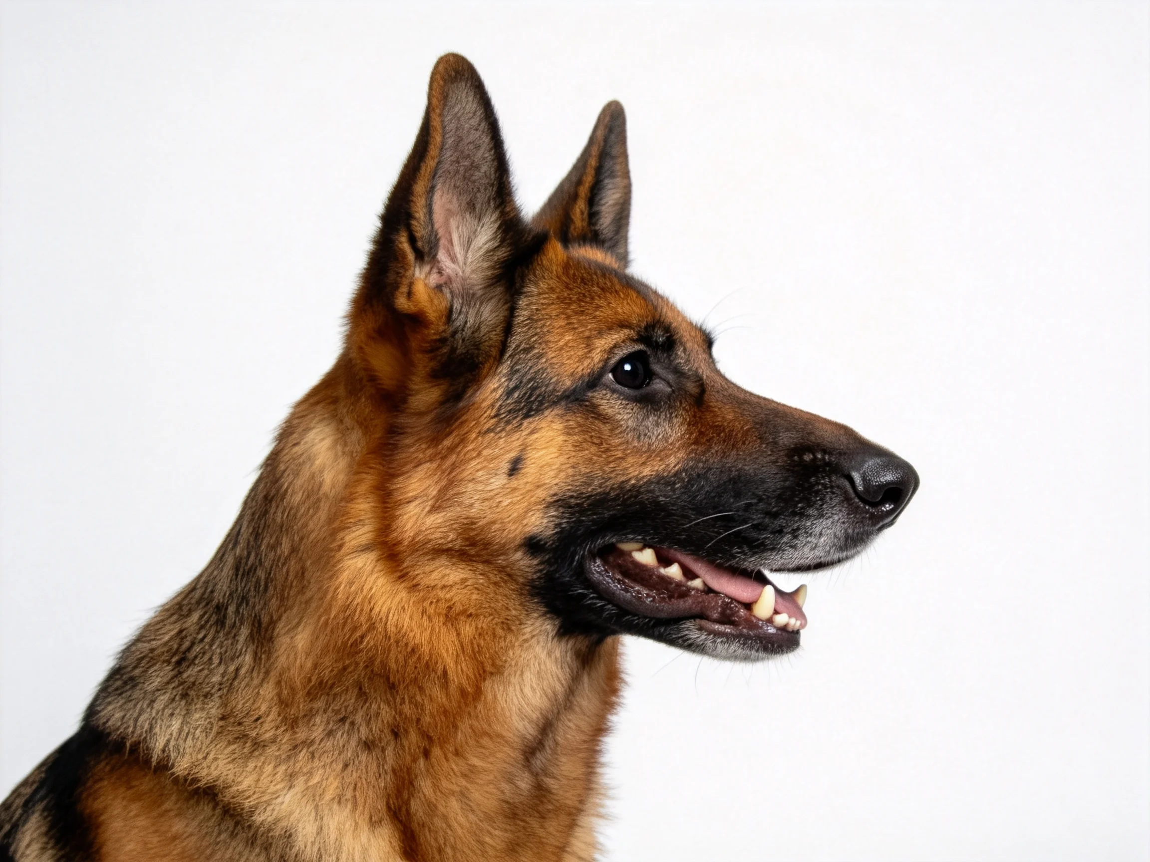 德国牧羊犬头部侧面特写,可见其竖立的耳朵和清晰的牙齿结构。