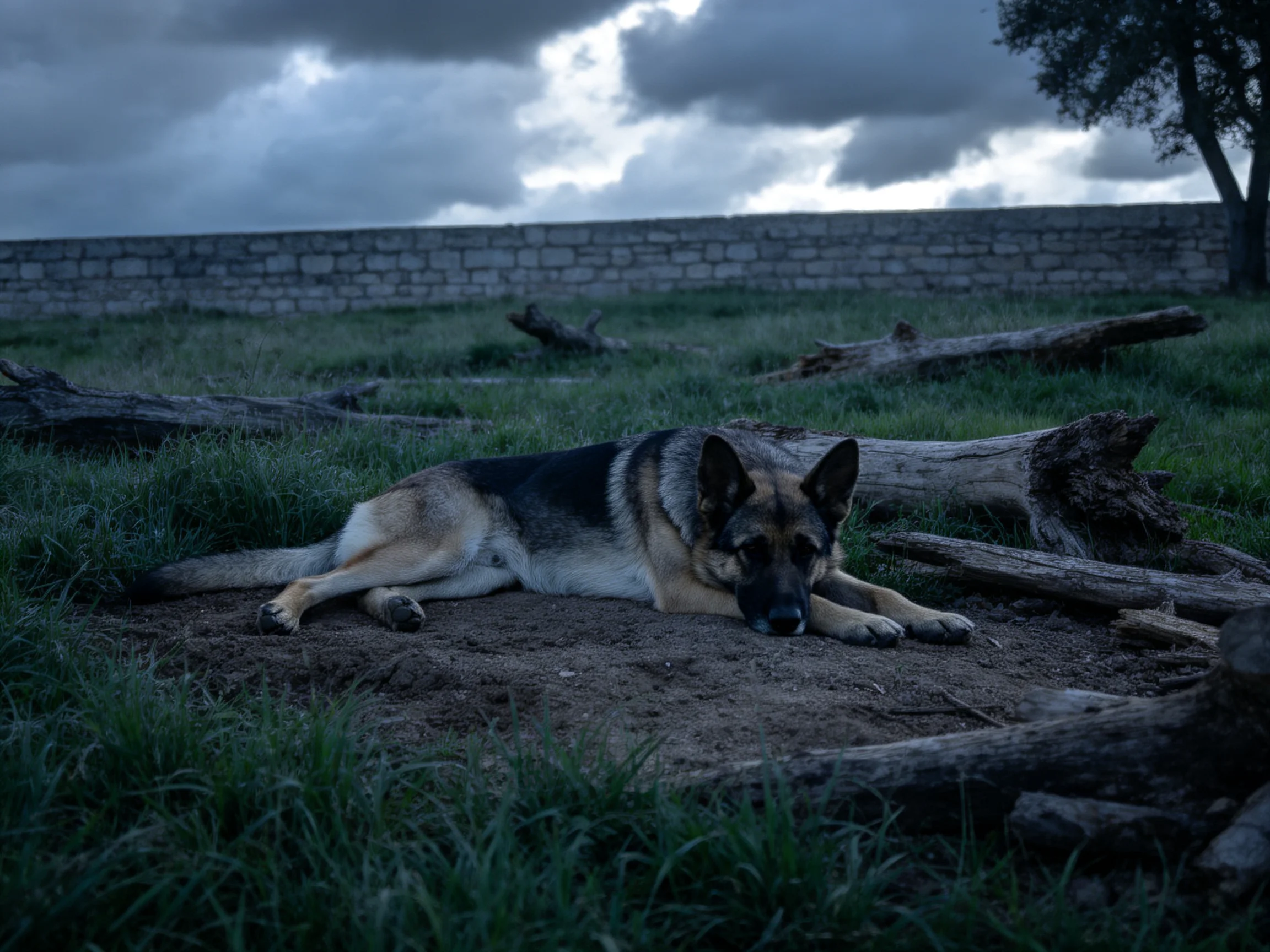 一只德国牧羊犬安静趴卧在户外草地,黑棕相间的被毛与周围环境协调。